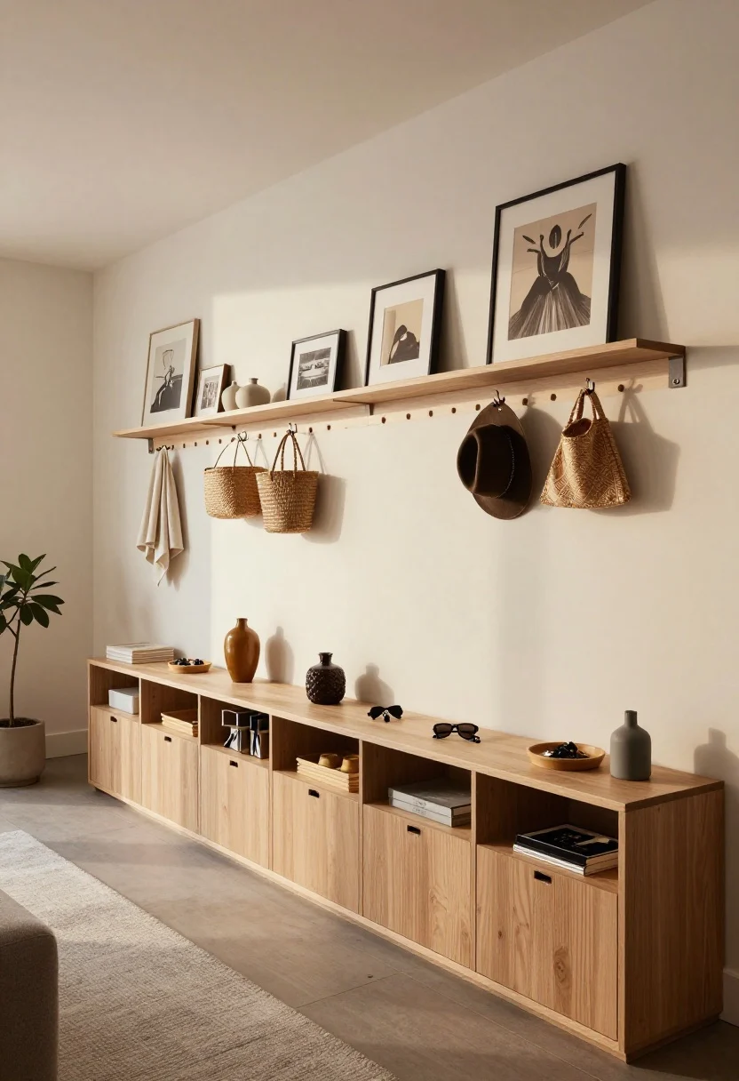 Photorealistic medium, straight-on view of a “built-in vibes” wall: a long picture ledge running behind a sofa, layered with framed art, small vases, and tiny trays for keys and sunglasses; above or across the room, a Shaker-style peg rail spanning the wall with S-hooks holding woven baskets, a hat, and a folded throw; below, an extra-slim console table (about 12 inches deep) with bins for mail, dog leashes, and chargers; peg rail height aligned with door hardware for cohesive sightlines; mixed closed storage and display elements; warm afternoon light.