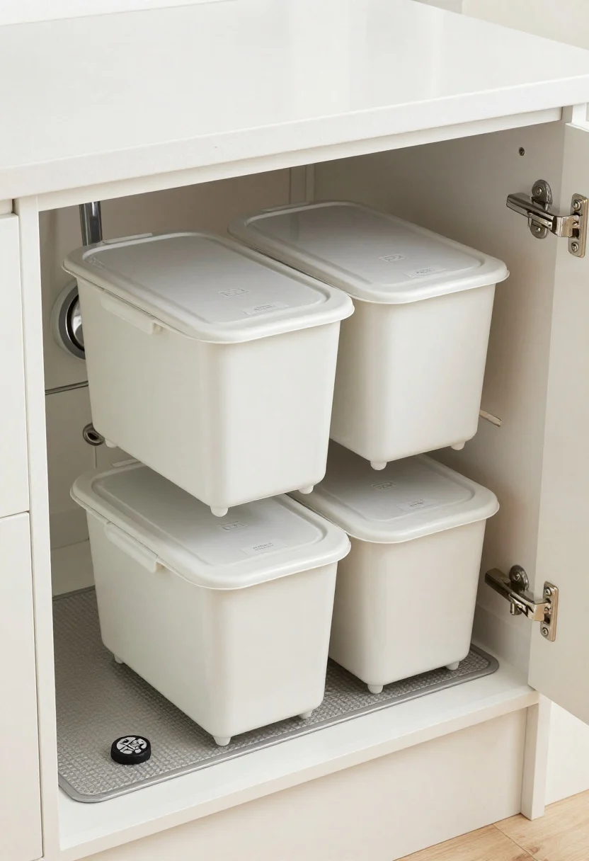 Photorealistic overhead detail shot inside an under-sink cabinet organized like Tetris: modular stackable and side-by-side bins arranged around a visible chrome P-trap. Each bin has a labeled lid for trash, recycling, and compost; grippy side handles are evident. A textured waterproof cabinet mat lines the base, with a small charcoal deodorizer puck placed neatly at the corner. Clean white cabinet interior, soft diffused task lighting, and subtle reflections from a light gray countertop edge. Emphasis on order, labels, and fit; no people.