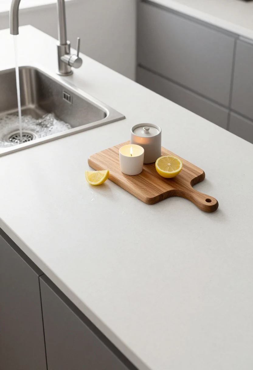 Photorealistic overhead detail shot of a kitchen two-minute sweep: the front six inches of a pale quartz countertop wiped clean, faint streak-free shine; a single stainless pan in the sink filled with hot soapy water and rising bubbles; a tidy counter vignette of a wood cutting board, a matte ceramic canister, and a lit candle arranged in a simple triangle. A lemon slice poised near a sink drain/garbage disposal as a scent hint. Cool morning light, minimal clutter, intentional minimalism vibe.