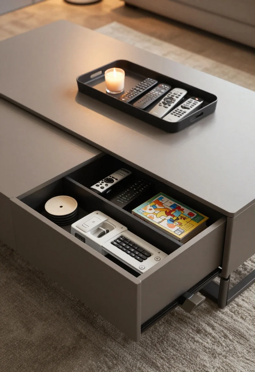 Photorealistic overhead detail shot of a modern coffee table with hidden storage: a matte-finish rectangular table with a shallow drawer partially open holding coasters, candles, and an array of remotes; adjacent sliding-top panel gliding to reveal a secret bin with puzzles and chargers; a nesting side table tucked beneath with a folded throw and a board game; a low-profile tray corralling remotes on top; matte surface minimizing fingerprints; soft ambient evening light reflecting subtly off the table.