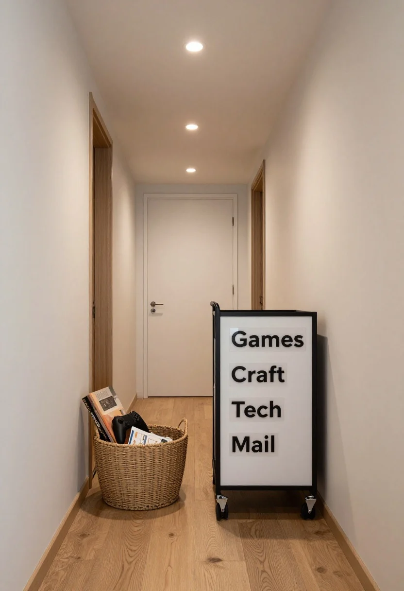 Photorealistic wide hallway/landing shot of the 10-item orbit: an evening lap in effect without people—open woven basket with a few mixed items inside (book, controller, mail) ready to relocate; a rolling cart on the side labeled broadly “Games,” “Craft,” “Tech,” “Mail” in clear, unfussy tags. Walkway and sight line cleared first; corners intentionally not the focus. Neutral palette, matte black labels, warm wood floors, soft ambient overhead light giving a calm, in-control feel.