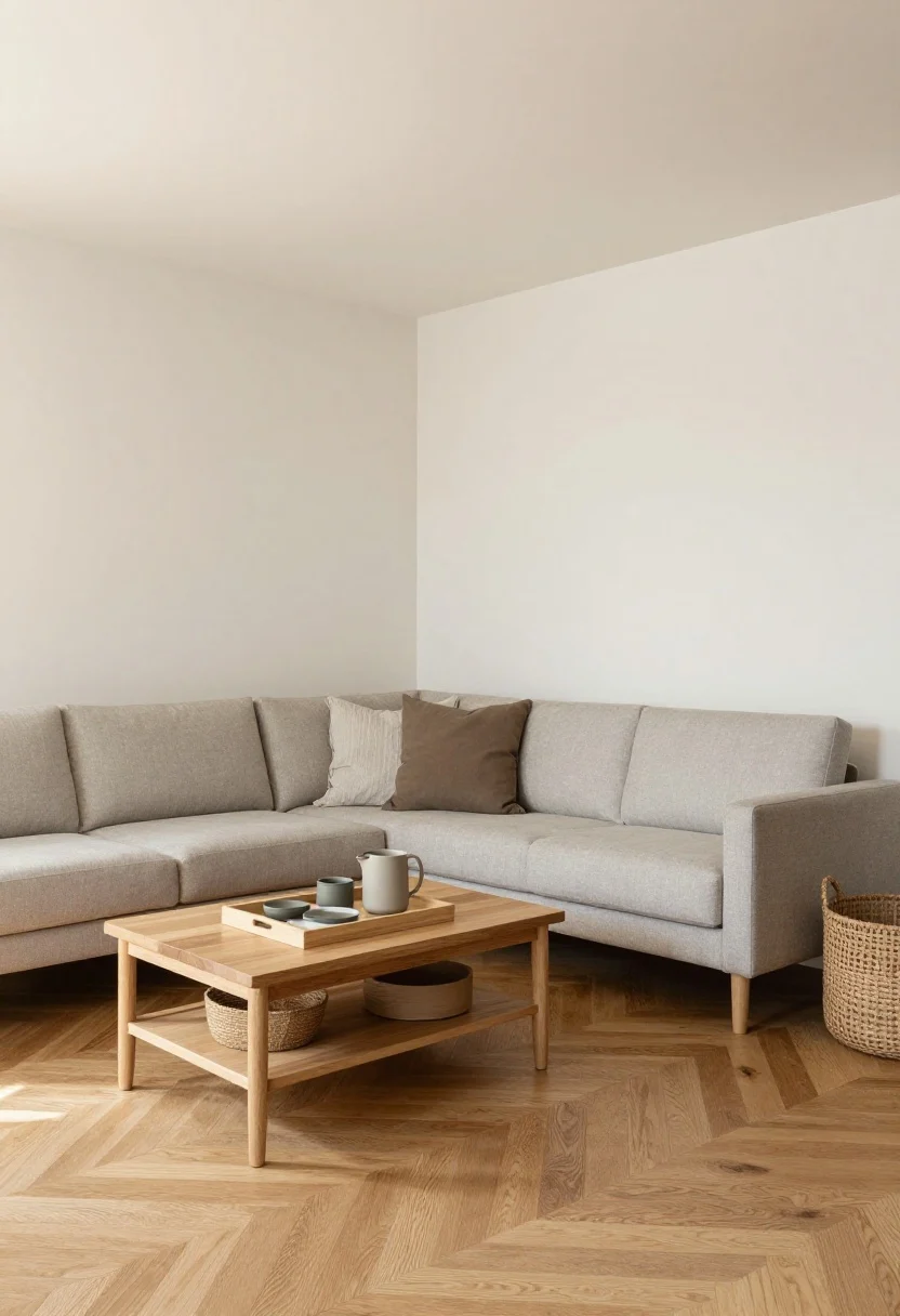 Photorealistic wide room shot illustrating the Room Flow Check: a clear path from entry to sofa without side-stepping baskets; most-used items placed within easy reach—trays on coffee table, baskets by seating; at least 30% of surfaces visibly clear for breathing room; cohesive design with repeated wood tones and textures; balanced negative space; natural daylight washing across the floor to emphasize flow and openness; corner-angle perspective to show circulation.
