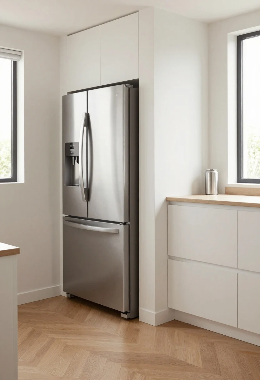 Photorealistic wide shot of a compact kitchen corner showing a tall, slim rectangular step can tucked into the narrow gap beside a stainless-steel fridge and a wall. The can has a foot pedal, flat back, and stainless finish that matches the appliances. Alternative placements visible in frame depth: a narrow passage between an island and a wall, and the end of a counter run where the can is partially hidden from the primary view. Soft natural daylight from a side window, matte white cabinets, light oak floors, and subtle shadows. Emphasis on verticality and the can’s snug fit; no lid-flinging, clean lines, no people.