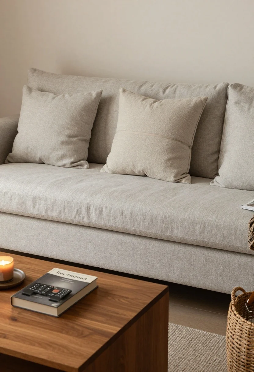 Photorealistic wide shot of a living room “five-thing reset”: one throw loosely draped over a light gray linen sofa arm, another folded neatly on the back; pillows in neutral tones with a subtle karate-chop crease. A wood coffee table cleared to a single hardcover book and a small candle on a low decorative tray; remotes corralled in a small lidded box. A pretty woven basket tucked behind the sofa edge with a magazine corner visible. Straight-on perspective, warm ambient lamp glow and soft daylight, textures of linen and wood emphasized.