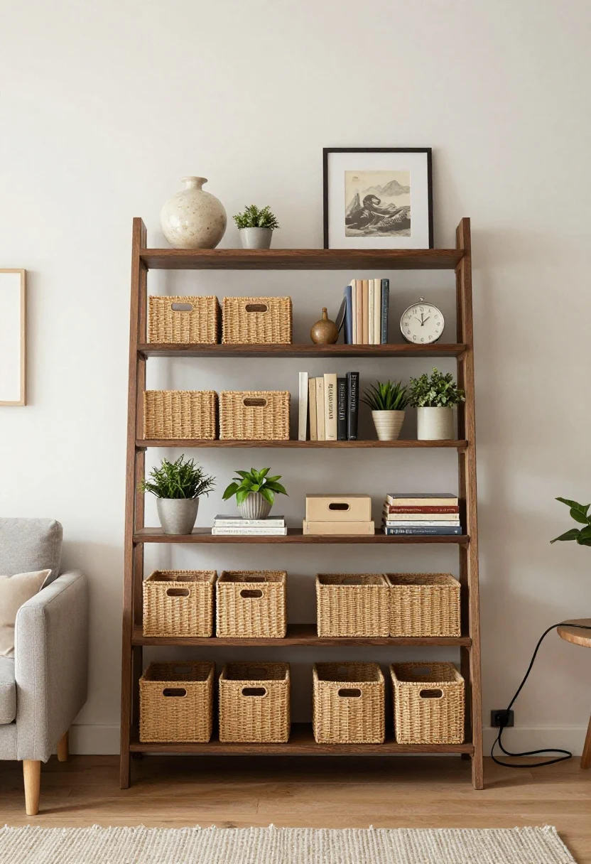 Photorealistic wide shot of a living room wall behind a sofa showcasing a tall leaning ladder bookshelf and a slim leaning media rack; woven and felt lidded baskets on lower rungs for concealed storage, books and plants mid-level, top rungs styled with a ceramic vase and framed art; cables tamed on the media rack; airy, vertical storage with no drilling; heavy items positioned low for stability; two to three basket finishes repeated for cohesion; soft morning light, straight-on perspective with the wall still feeling open.