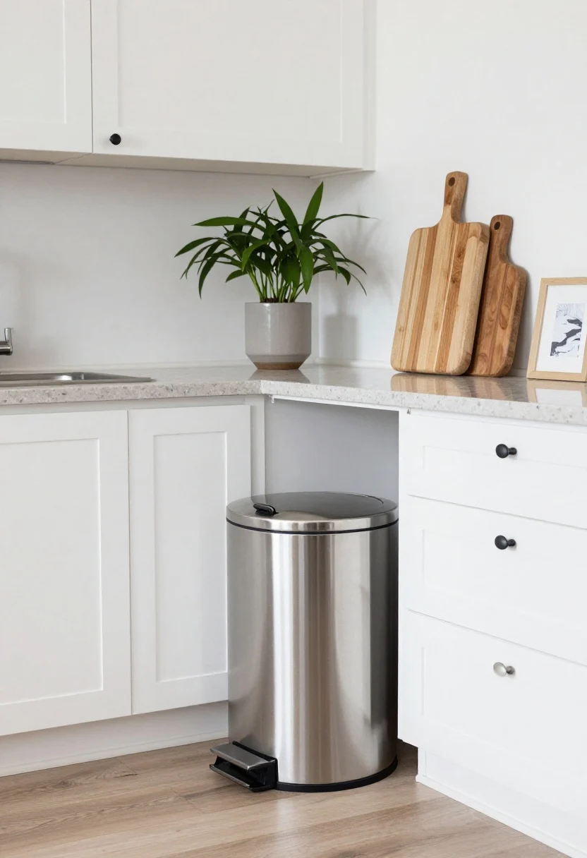Photorealistic wide shot of a small kitchen where the visible trash can is styled intentionally: an aesthetic stainless step can with quiet-close lid and flat back hugging a wall near the sink and main prep zone. Finishes coordinated—stainless can with stainless appliances, matte black pulls on white shaker cabinets. The can’s lid height aligns with nearby quartz counters for a clean sightline. Styling balance: a tall plant, a beautiful wood cutting board, and a small framed print draw the eye. Natural daylight with gentle highlights; crisp, cohesive, and refined. No people.