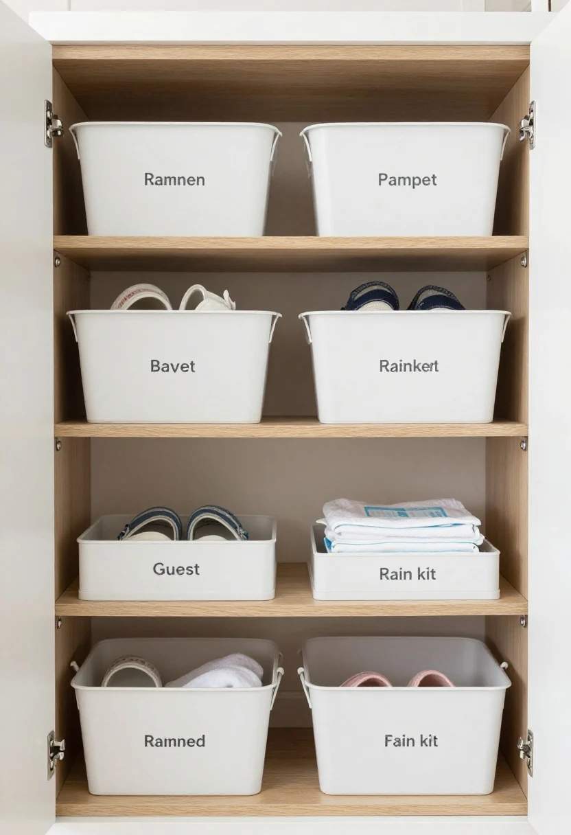 Straight-on, medium shot inside a slim cabinet showing clear micro-zones: one shelf per person with labeled baskets, a low kid-friendly shelf holding small shoes, a guest basket containing slippers and shoe wipes, and a compact “rain kit” (mini towel, extra tray liners, collapsible boot rack) tucked to the side; simple name labels on the inside of cabinet doors; muted, functional palette with light wood shelves and white bins; bright, practical lighting; photorealistic, no people.