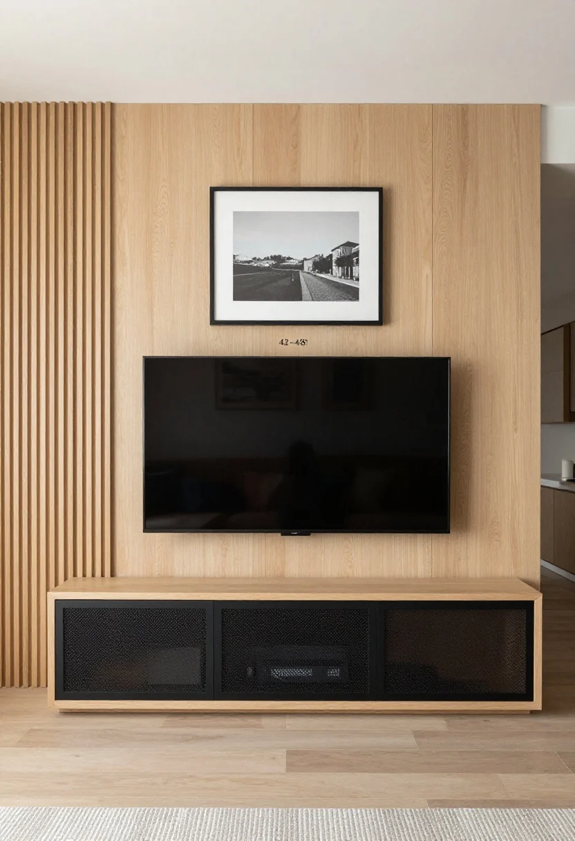 Straight-on medium shot of the media wall from the lower level: A balanced media wall with the TV mounted at a 42–48 inch center line; vertical flanking elements—slatted wood panels and tall framed art—to visually stretch the wall; closed base cabinets hiding devices with mesh fronts for IR; perfectly concealed cords; designed to read nicely from above as well; neutral tones, refined finish, photorealistic.