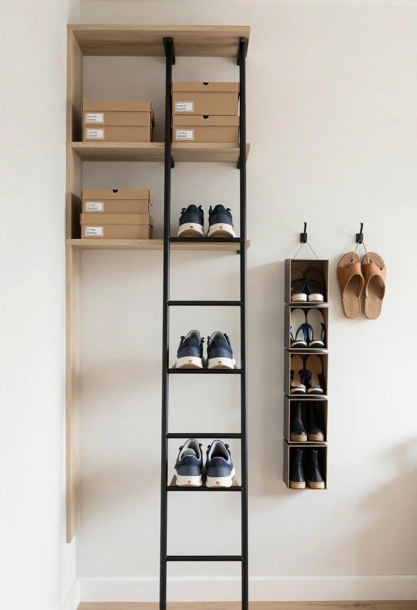 Tall vertical composition, straight-on, focused on maximizing height: a narrow ladder-style rack holding flats and sneakers; above a slim entry cabinet, two floating shelves with labeled off-season shoe boxes stacked neatly; nearby, an over-door organizer with labeled pockets for flip-flops and kids’ shoes, a column of stackable cubes each housing a single upright boot, and wall hooks with clogs hung by the heels; cohesive neutral colors with black metal accents, light wood, crisp labels; bright, even natural light; photorealistic.