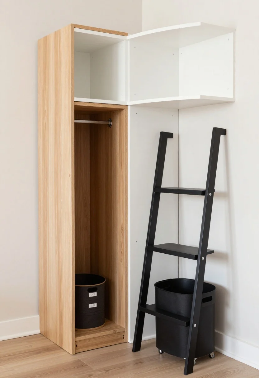 Wide corner angle of two storage strategies blended to fit a tricky footprint: a narrow closed-base cabinet tucked into a small corner, paired with a single floating corner shelf above; adjacent, a slim black ladder shelf rises vertically; a small round tiered swivel organizer softens the sharp angle on the cabinet top; rolling bins labeled at floor level peek from a deep nook; finishes mix matte white shelves with warm light-wood cabinet and black metal ladder; daylight, soft shadows; focus on adaptable, modular feel; photorealistic.