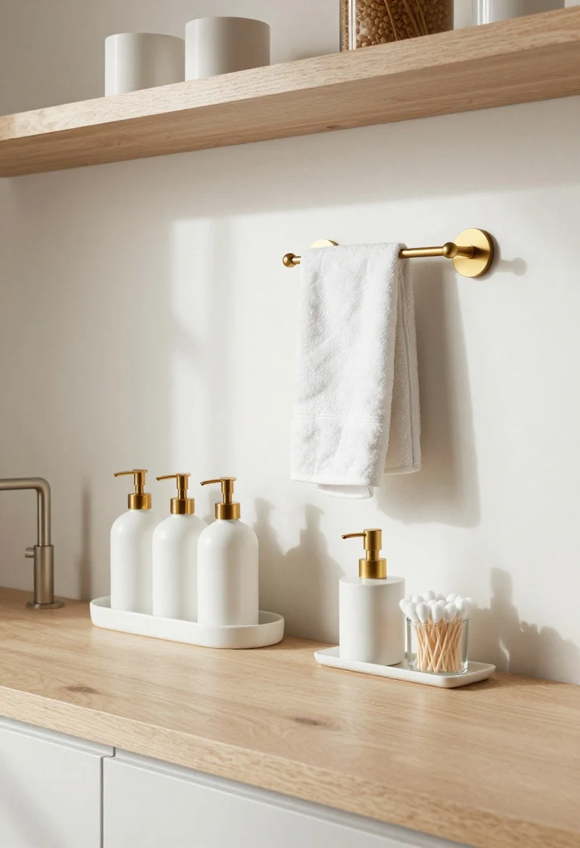 Wide countertop scene with micro-zones: to the left of the faucet, a compact tray corralling uniform pump bottles for skincare; to the right, a handwashing zone with a matching soap dispenser, a short glass jar of decanted cotton swabs, and a small pedestal riser adding height to one bottle. A double hook on the wall replaces a towel ring, holding a hand towel and a face cloth. Matching containers create a luxe, cohesive look in white, light wood, and brushed brass. Clean, glare-free daylight; zero product sprawl.