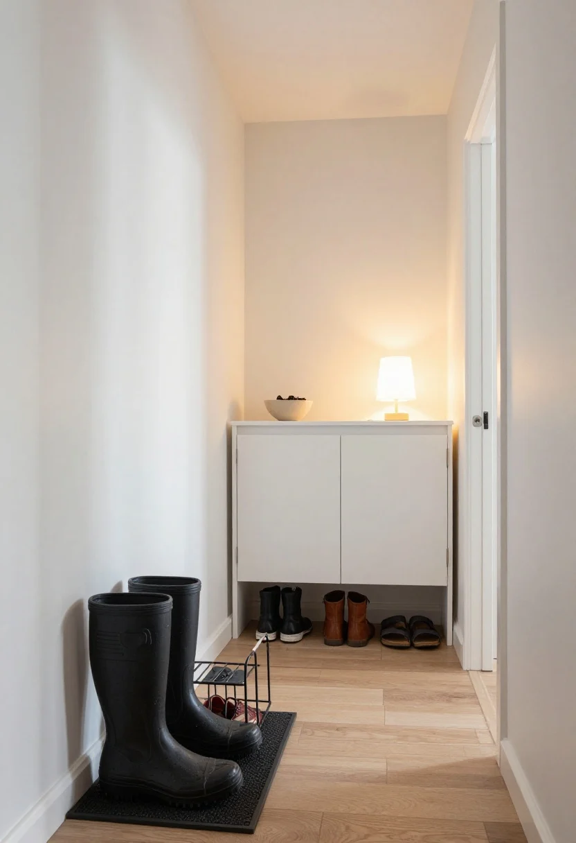 Wide entryway shot from a corner angle showing a two-stop system: in the foreground, a low black rubber boot tray or dark absorbent mat with a couple of wet-soled shoes and a small open metal rack for daily pairs; beyond it, a 7-inch-deep slim cabinet with doors (shallow dresser style) along the wall, styled on top with a small ceramic bowl for keys and a petite table lamp glowing warmly; seasonal swap implied with winter boots on the open rack and sandals tucked behind the cabinet doors; clean white walls, narrow hallway proportions, warm ambient lamp light mixed with soft daylight; photorealistic.