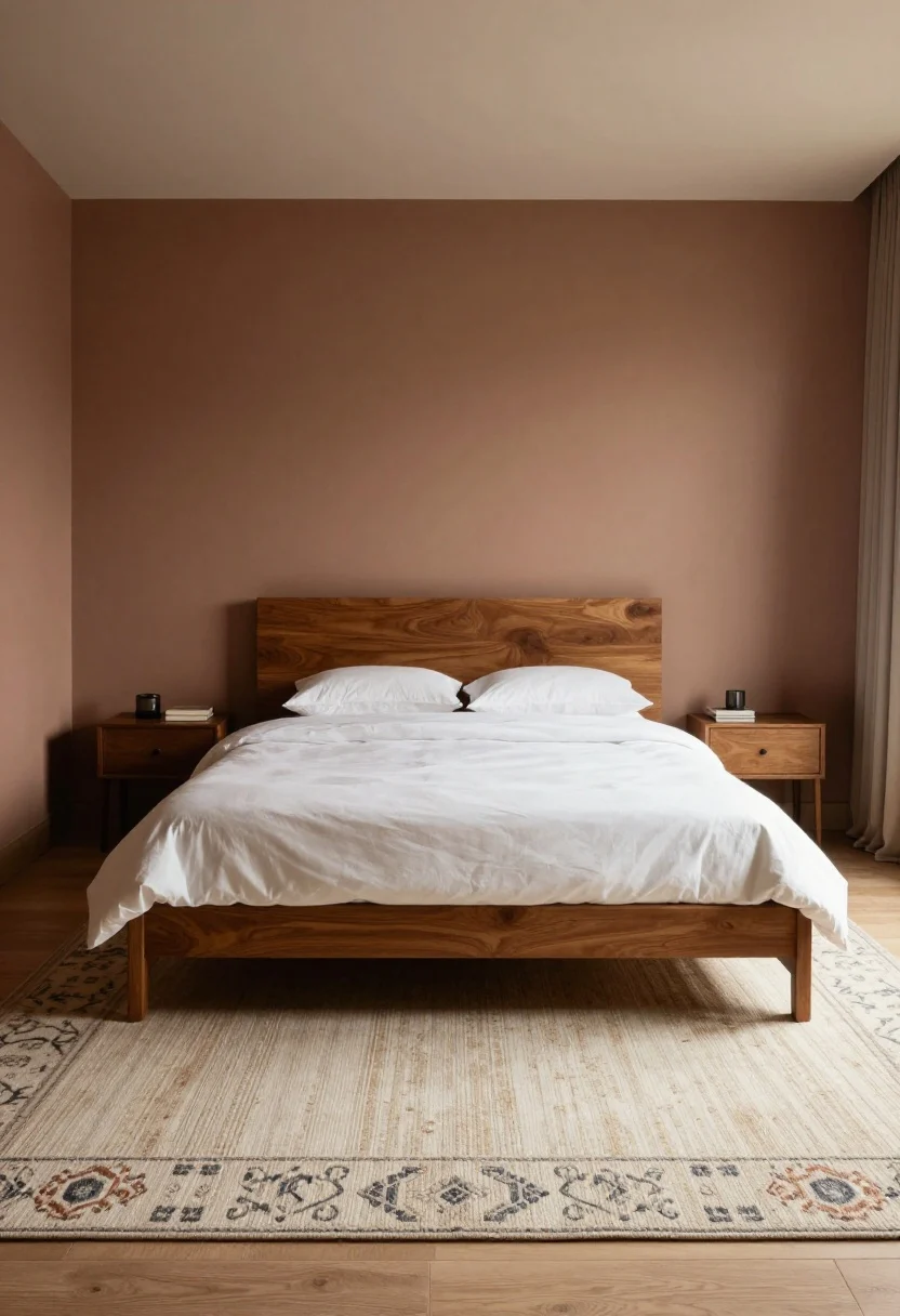 Wide overhead angle: A bed centered on a generous rug that grounds the space—light-to-medium toned area rug (8x10 under a queen or 9x12 under a king) with a timeless pattern in ivory, charcoal, and clay. Low-to-medium pile visible, edges tucked under nightstands. Urban Bronze walls and warm wood furniture balance the palette.