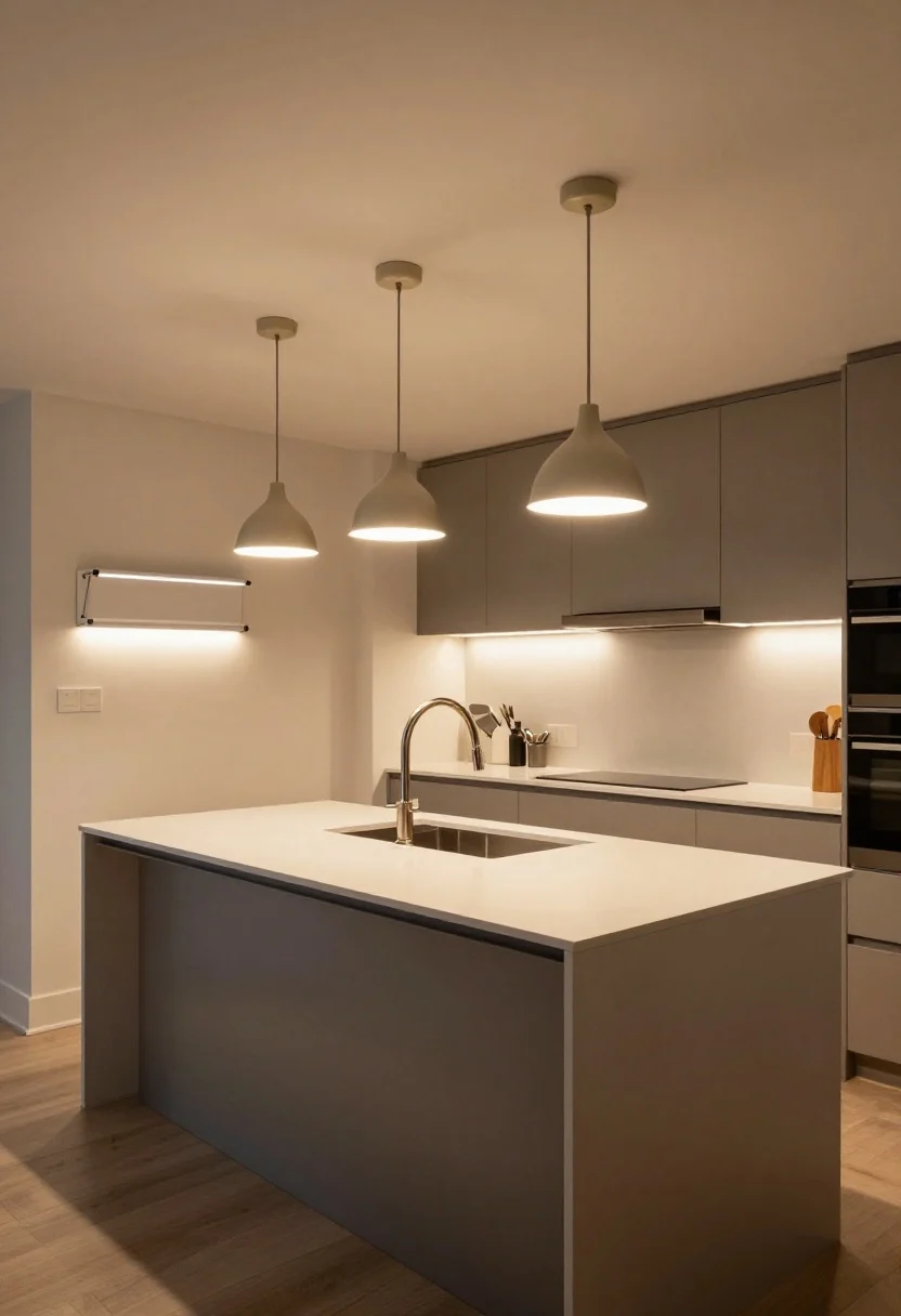 Wide overhead-angle kitchen scene demonstrating layered lighting: warm 2700K–3000K LED recessed ambient lights, slim under-cabinet task strips illuminating a soft gray countertop, and two medium-size dimmable pendants over the island with appropriate spacing; the old fluorescent box fixture is gone; show gentle, flattering warm glow that defines zones without harsh shadows; switches labeled as smart dimmers on the wall.