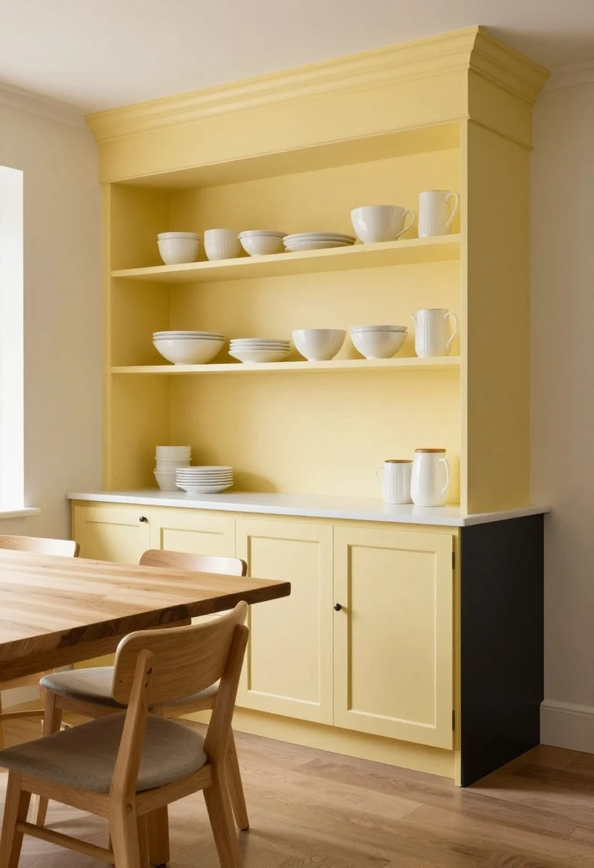 Wide shot: A bright breakfast nook painted in soft buttercream yellow with white trim, morning natural light flooding in; muted marigold accent wall behind open shelving styled with white ceramic dinnerware; light oak stools at a small natural wood table; matte black cabinet hardware and gray textiles to anchor the palette; balanced, cheerful mood without neon intensity; corner angle perspective, photorealistic.