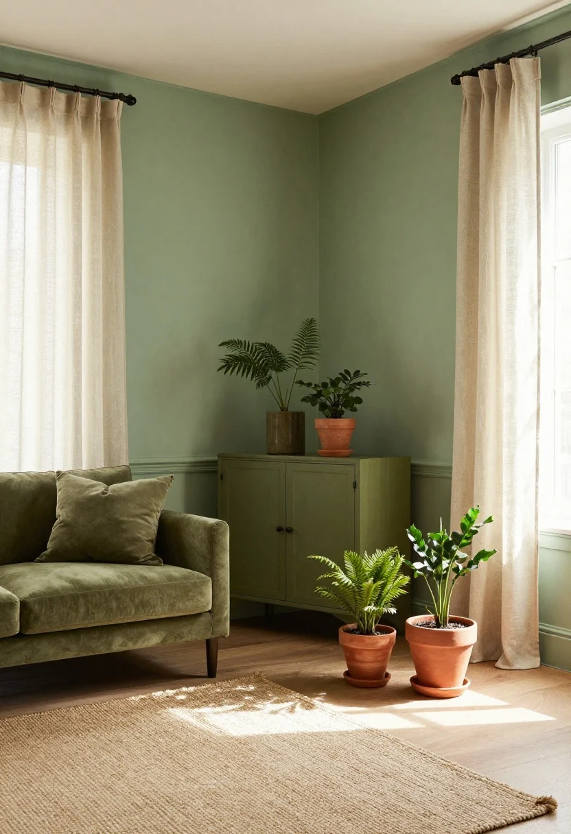 Wide shot: A living room painted in sage green matte walls with satin-finished trim for a subtle glow; olive throw pillows and a mossy-toned accent cabinet; natural fibers throughout—linen curtains, jute rug, and terracotta planters with lush green plants; earthy, grounded energy; late afternoon natural light, slight vignette from a corner angle, photorealistic.