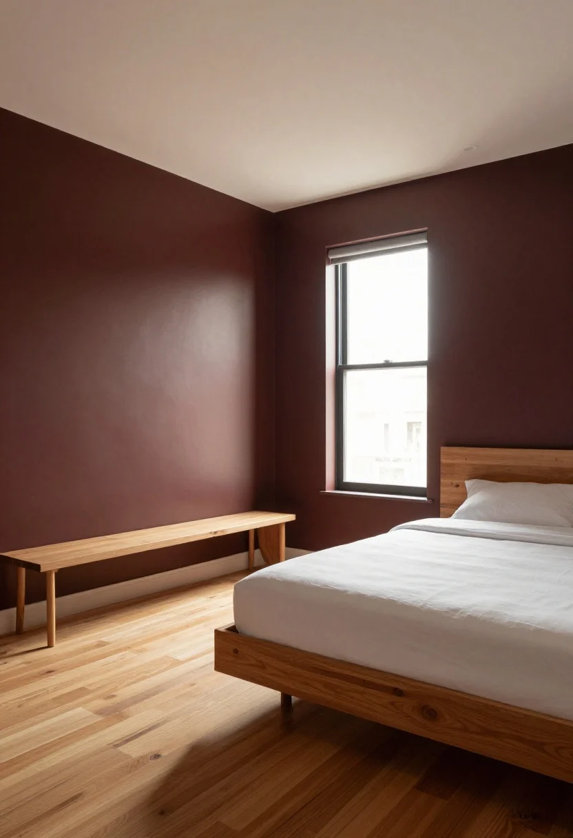 Wide shot: A modern bedroom with walls painted in deep Urban Bronze, matte finish, contrasted by a soft white ceiling and trim; a single large window brings in daylight. Warm wood floors, a warm-wood low-profile bed, and minimal decor give boutique-hotel energy. Optionally, show a small-room variation with only the headboard wall in Urban Bronze and the other walls in warm ivory. No people, natural light, balanced, moody yet inviting.