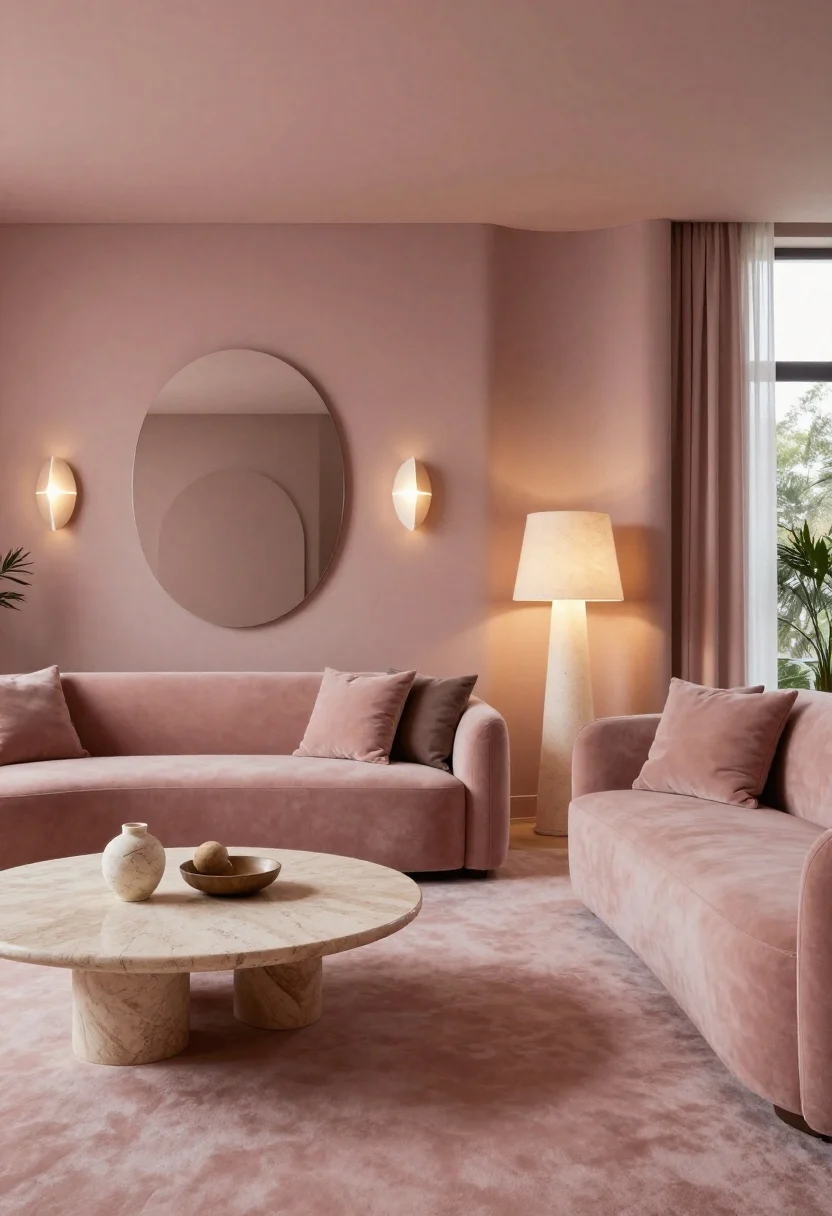 Wide shot: A modern living room washed in dusty blush with rosy nude undertones, matte finish; layered stone accents—travertine coffee table and small marble decor; sculptural curves throughout: rounded mirror, curved sconces, and a smooth plaster-texture lamp; soft, flattering glow like golden-hour indoor lighting; spacious, welcoming feel; straight-on perspective, photorealistic.