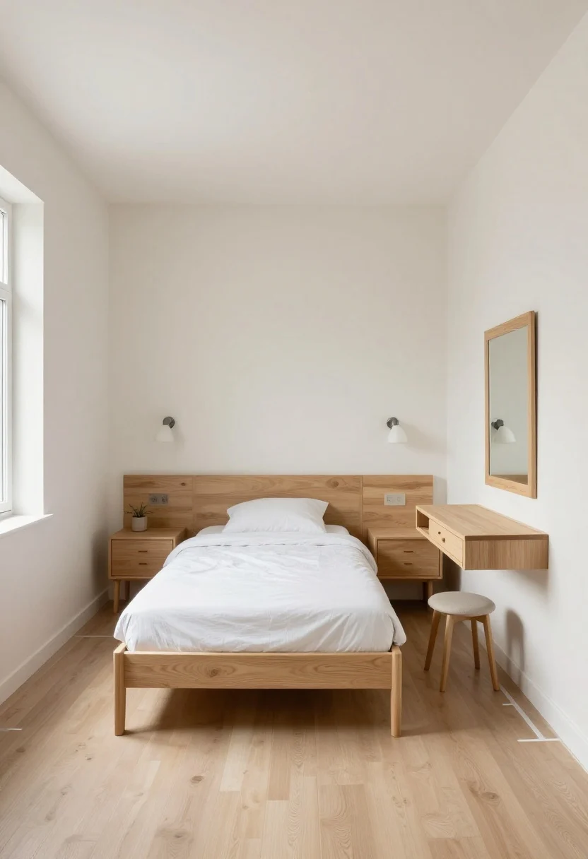 Wide shot: A small, calm bedroom divided into three clear zones—sleep, getting-ready, and a tiny work nook. Bed centered with two slim 12–14 inch nightstands, wall-mounted sconces above, no floor lamps. Opposite wall shows a narrow dresser with a mirror above it, no chair. In the corner, a fold-down wall desk open with a stool tucked under. Painter’s tape faintly visible on the floor edges as layout guides. Neutral palette with warm white walls, light wood, and minimal decor; soft, even daylight from one window; airy and uncluttered.