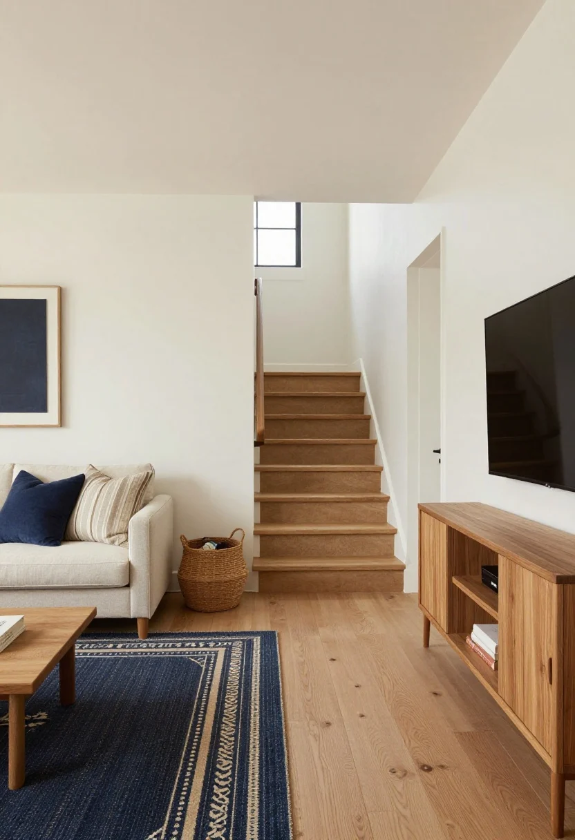Wide shot: A split-level living room with a clear visual path from lower to upper level; a neutral stair runner in camel leading up, its color echoed in a low-pile area rug below with navy accents; a slim wood console table aligned parallel to the stair direction nudging movement; woven lidded basket by the base of the stairs corralling clutter; cohesive palette of navy, camel, and warm neutrals; soft natural daylight, no people, photorealistic.