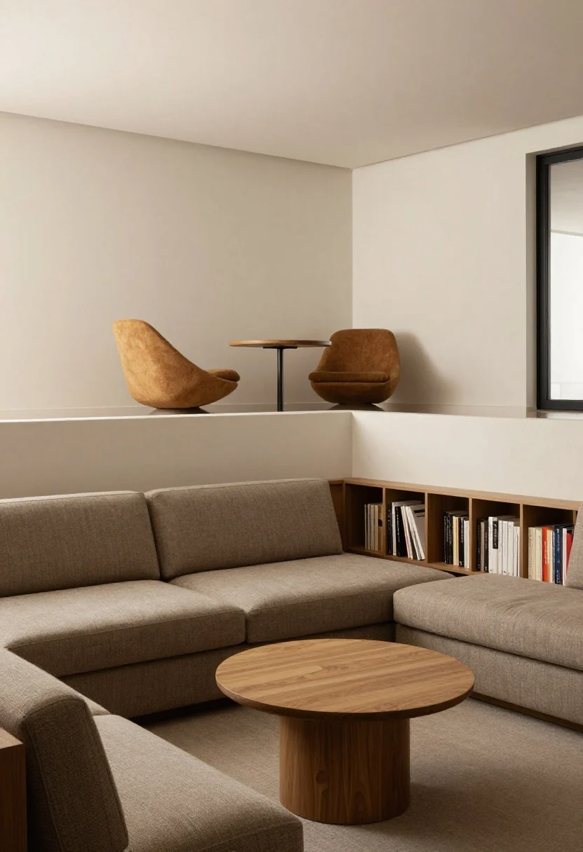 Wide shot angled across both levels: A two-stop seating story with a primary seating area below (sofa and coffee table) and a secondary perch above—two swivel chairs facing the ledge so they can pivot to both levels; a small round bistro/game table near the railing; low-profile storage along the edge instead of tall bookcases to keep sightlines open; cohesive colors, relaxed mood, photorealistic.