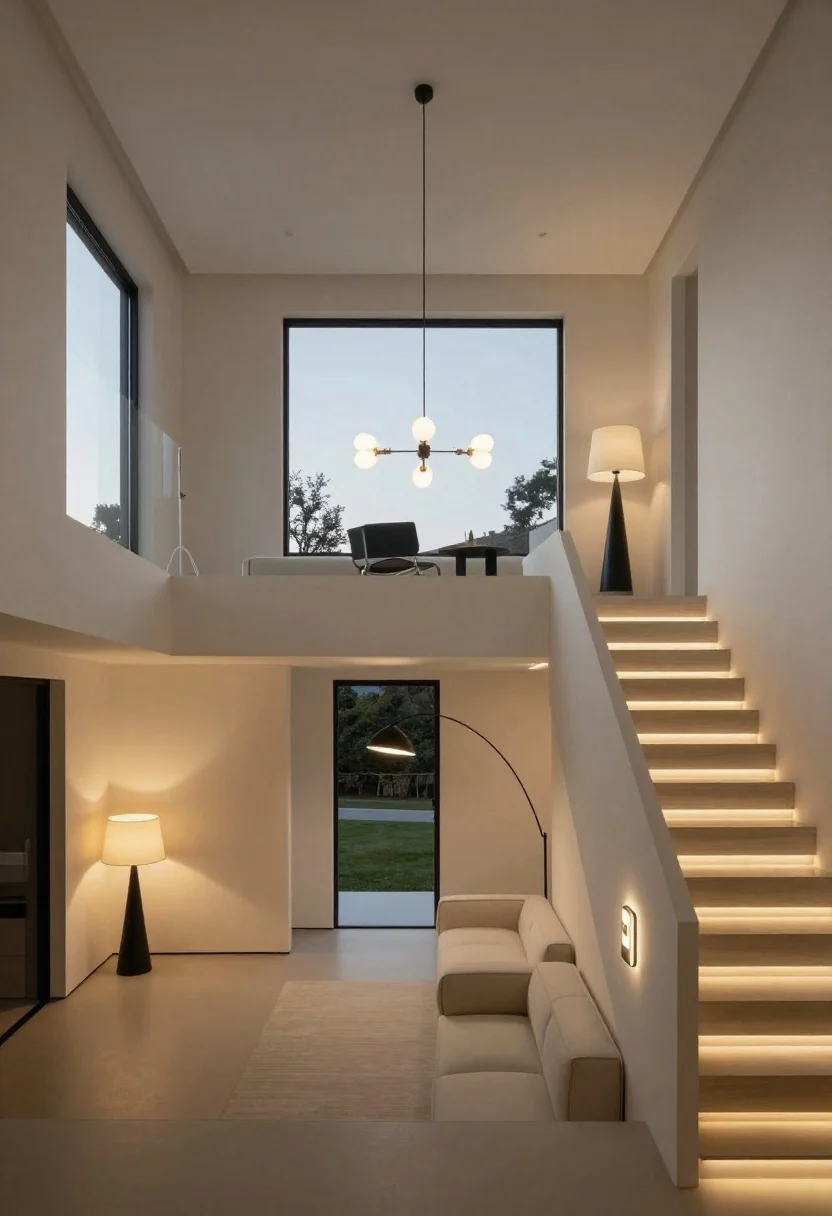 Wide shot capturing both levels at dusk: Layered lighting plan that flattens shadows—semi-flush ceiling light on the lower level, a pendant chandelier above; an arc floor lamp by a sectional below; matching table lamps on different levels for symmetry; plug-in sconces at the stair landing; subtle LED strips along stair nosing; dimmable warm light creating continuity from lower to upper level; neutral palette with black accents, photorealistic.