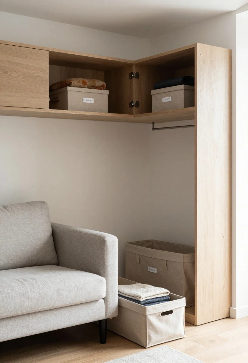 Wide shot, corner perspective: A compact living room revealing hidden storage zones—under the sofa, a low-profile lidded tray pulled out slightly with folded throws in soft bags; behind an armchair, a slim lidded hamper in a neutral fabric nearly invisible from most angles; on top of a wardrobe, two coordinated fabric boxes with handles containing blankets. Discreet adhesive labels face outward. Balanced daylight that keeps storage visually calm and unobtrusive.