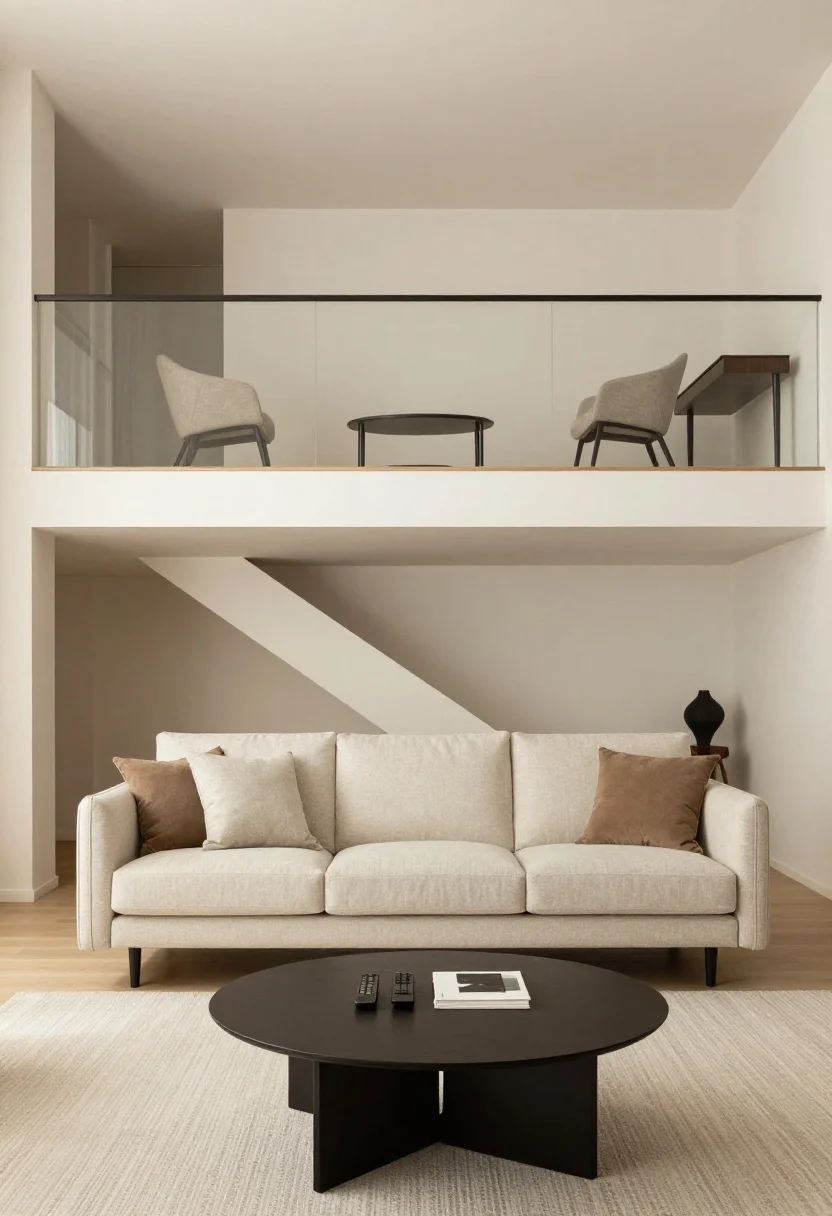 Wide shot from behind the sofa: Furniture floated on the lower level with a sofa pulled off the wall, its back parallel to the stair line leaving a walkway; a back-of-sofa slim console with hidden storage for remotes and throws; a round coffee table smoothing traffic flow; on the upper level, leggy furniture—two airy accent chairs and a narrow console or petite writing desk; open sightlines, warm neutral palette, photorealistic.