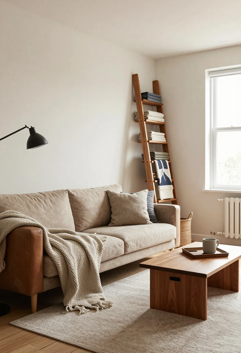 Wide shot, living room overview: A calm, curated small apartment where blankets read as decor, not clutter—one tri-folded chunky knit over a leather sofa arm, a single tall basket by the sofa, a wood ladder with balanced throws, and a storage ottoman doubling as coffee table. Cohesive neutral palette with a single statement patterned throw. Natural daylight creates a serene, intentional mood.