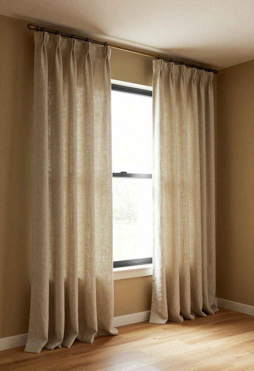 Wide shot: Lush window treatments—floor-length curtains in oatmeal linen hung high and wide on matte black or brass rods, with double-width panels for fullness. Blackout roller shades are layered discreetly behind. Soft daylight filters through, lightening the palette against Urban Bronze walls and warm-wood floors.