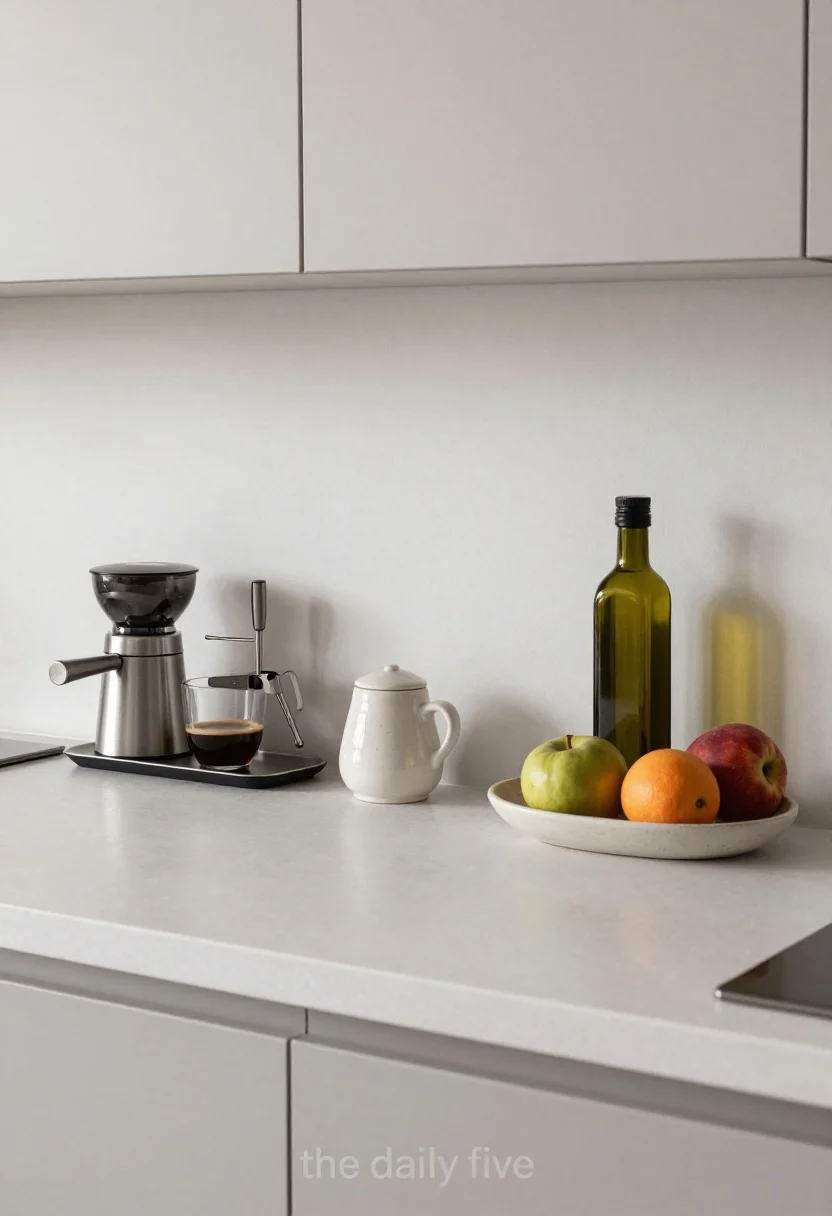 Wide shot of a compact kitchen countertop styled for “the daily five”: a clean, mostly empty counter with only a cohesive coffee setup (sleek espresso maker and grinder on a small tray), a wall-mounted knife strip or a slim knife block, a ceramic salt cellar, a handsome olive oil bottle on a tray, and a single sculptural fruit bowl with seasonal fruit. Use trays to corral items, choose attractive, workhorse pieces, no duplicates visible. Natural light from a window, calm, luxe mood with visual negative space.