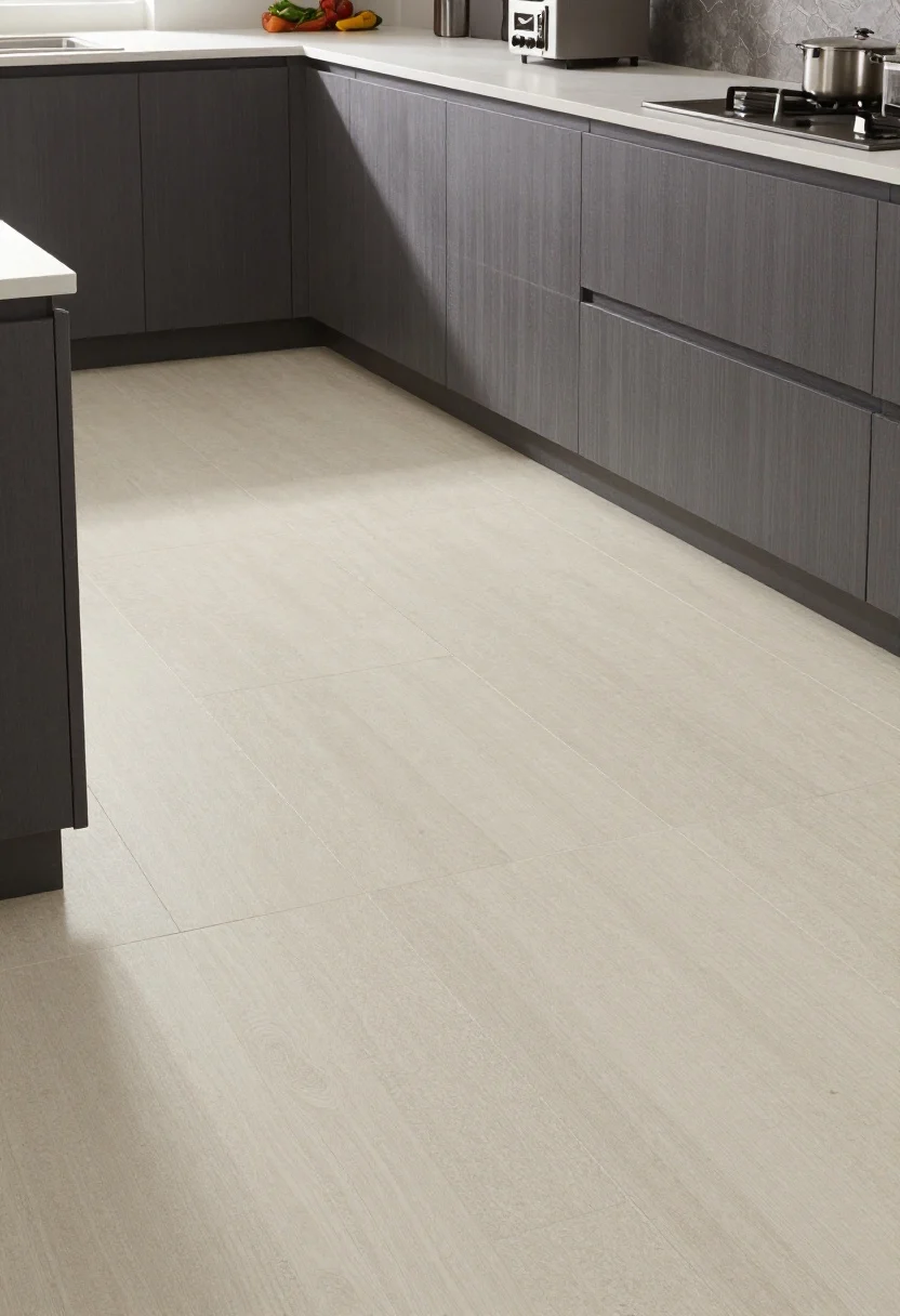 Wide shot of kitchen flooring: dated tile replaced or minimized by a matte, mid-tone stone-look porcelain that hides wear; visible grout lines are clean and evenly colored; a patterned, washable runner stretches along the galley, adding warmth and distraction if old floors remain; natural light skims across to show low sheen; cohesive with cabinetry tones.