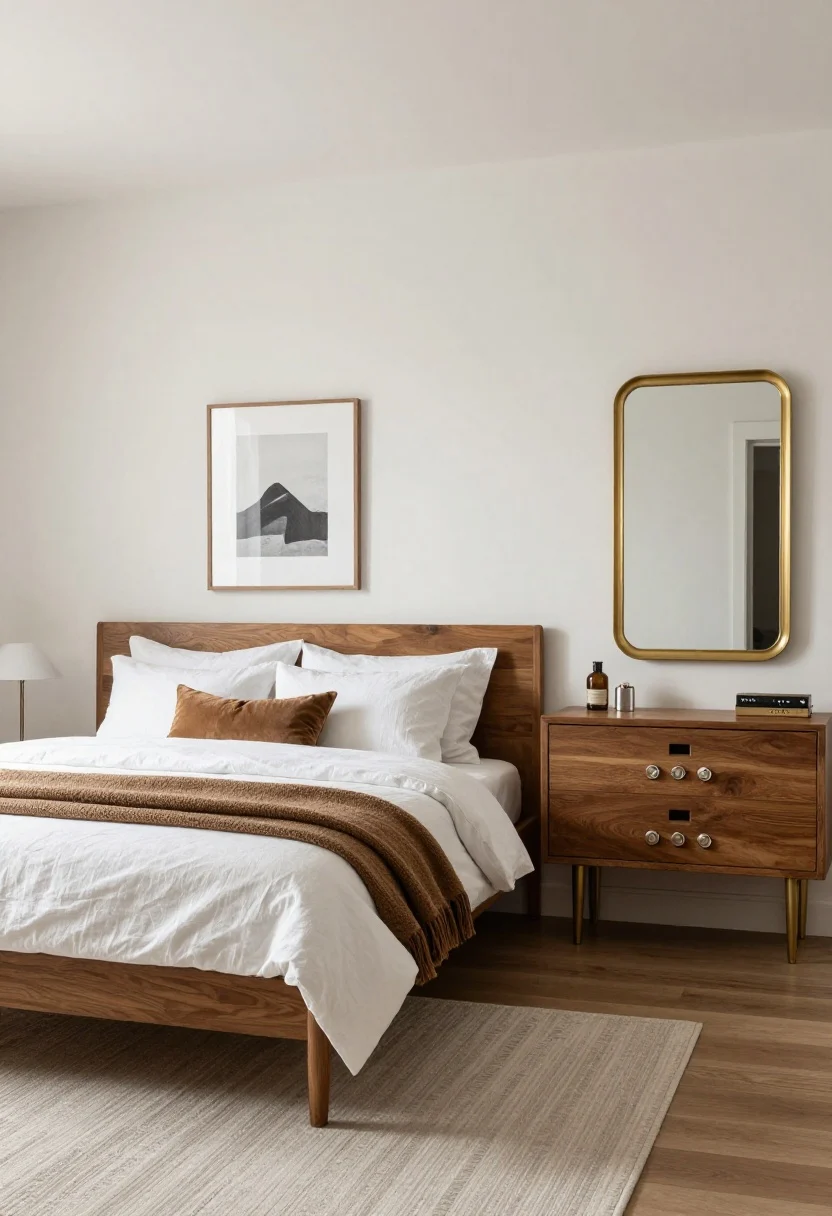 Wide shot: Quick styling formula embodied—Urban Bronze walls with crisp white bedding; warm wood furniture and brushed brass accents; layered textures in linen, boucle, and velvet; a light-toned rug underfoot; light-trimmed art and a brass-framed mirror; layered lighting on dimmers creating a cohesive, elegant retreat.