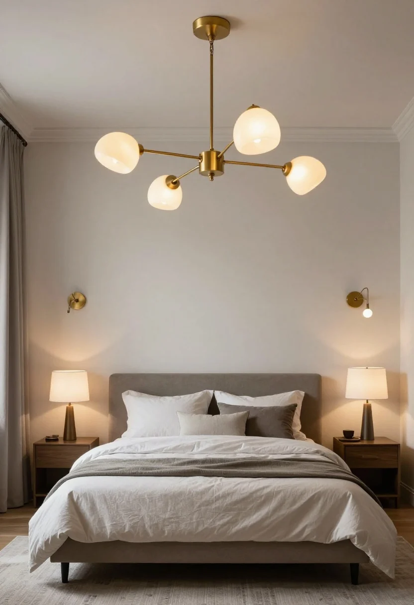 Wide shot: Statement lighting in an Urban Bronze bedroom—central brushed-brass chandelier, wall-mounted swing-arm sconces with linen or opal glass shades, and a bedside table lamp. Warm bulbs at 2700–3000K, all on dimmers, creating layered illumination and dramatic shadows. The room reads modern classic, no harsh glare.