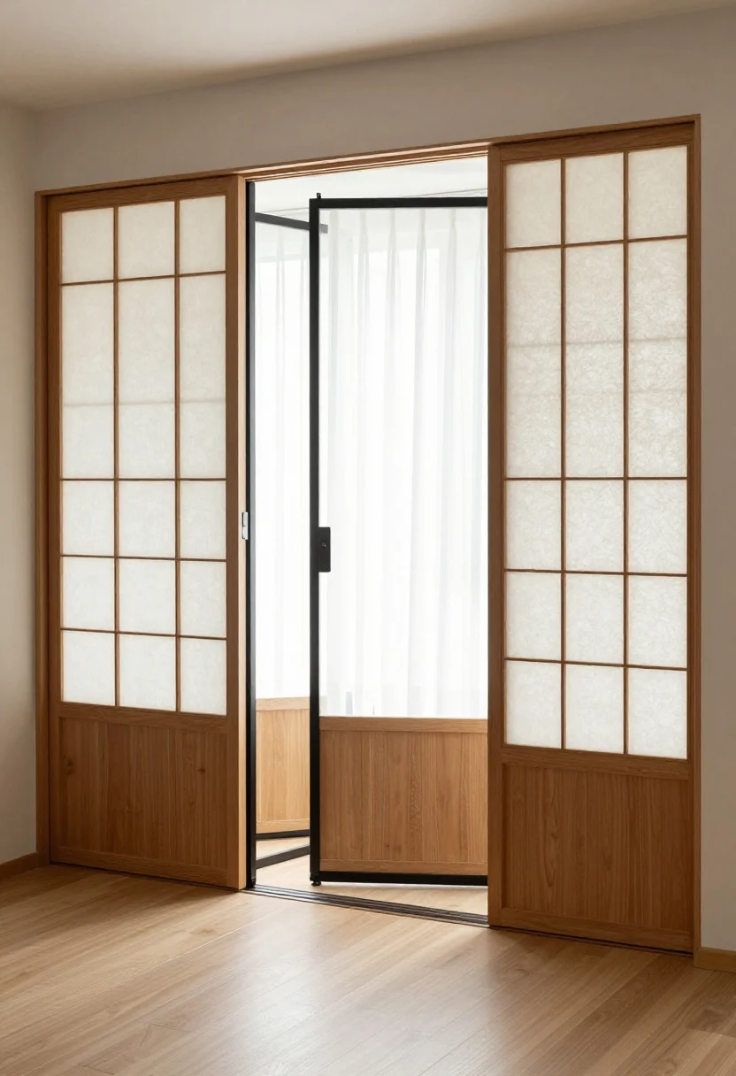 Wide shot, straight-on, of a living area divided by sliding shoji-style panels and a lightweight three-panel folding screen used as a movable “door.” The translucent panels let light filter through, defining zones without darkening the room. Felt pads visible on the screen bases to protect hardwood floors; a slim floor guide keeps a freestanding sliding panel aligned. Coordinate finishes: black metal frame on the sliding panel, natural wood frame on the folding screen, echoing nearby hardware. Bright, even natural light, decor-forward and serene, photorealistic.