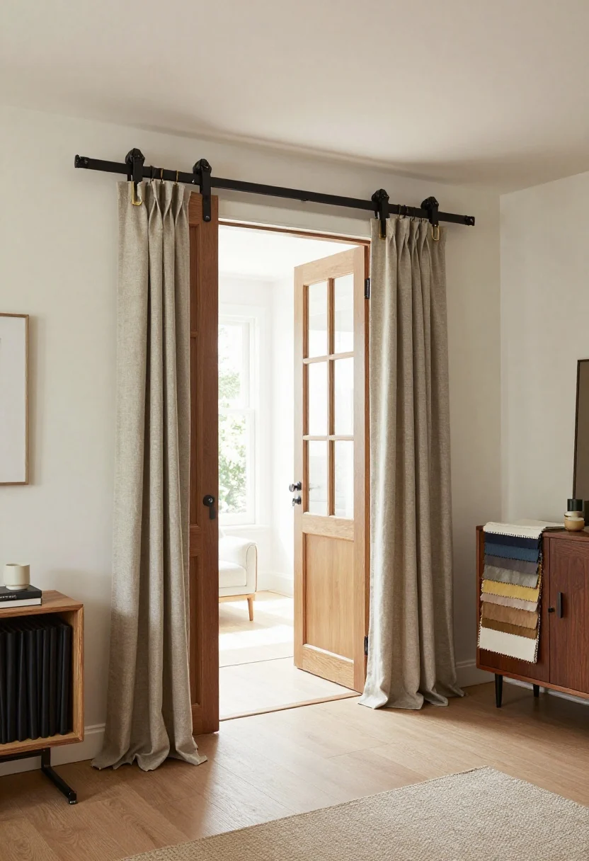 Wide shot, straight-on view of an open-plan entry spilling into a living room, styled to show a temporary door solution as a strategic zone-maker: a renter-friendly setup with a ceiling track partially visible and a pair of interchangeable linen panels and heavier drapes on spring-tension rods leaning nearby as options, alongside a boxed removable sliding barn door kit on the floor to suggest flexibility. Include natural daylight pouring through the space to show privacy without losing light; subtle sound-buffering cues like layered textiles and soft furnishings. Hardware finishes and fabrics laid out on a console: matte black ceiling track, brass clip rings, swatches of heavy drape and airy linen. Mood: functional, design-forward, commitment-light, photorealistic.