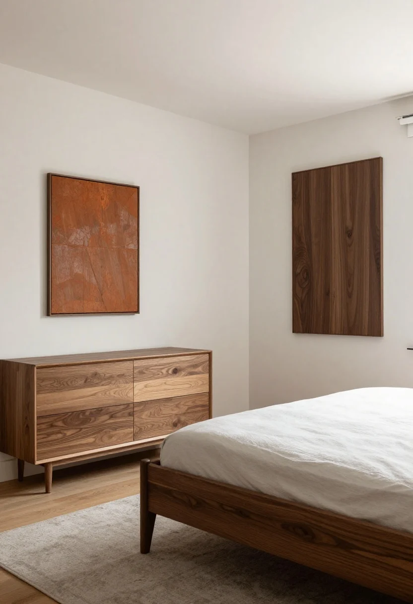Wide shot: Urban Bronze bedroom harmonized with natural woods—walnut bed frame with clean lines, oak dresser, and walnut or oak art frames on the wall. Avoid orange tones; show neutral-to-warm undertones. Balanced daylight, soft white ceiling and trim, the wood warms the darker walls and prevents an industrial feel.