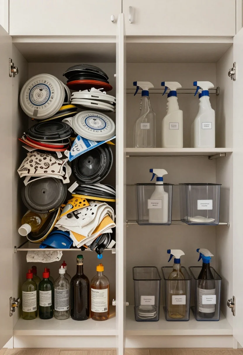 Wide, split-feel under-sink “before and after” vibe: left side visually cluttered with lost lids, leaky bottles, and mystery cloths; right side transformed with clear zones, labeled bins, daily caddy accessible, sprays on a tension rod, and neat door caddies; neutral cabinetry, realistic shadows, and consistent photorealism highlight the dramatic organizational contrast.