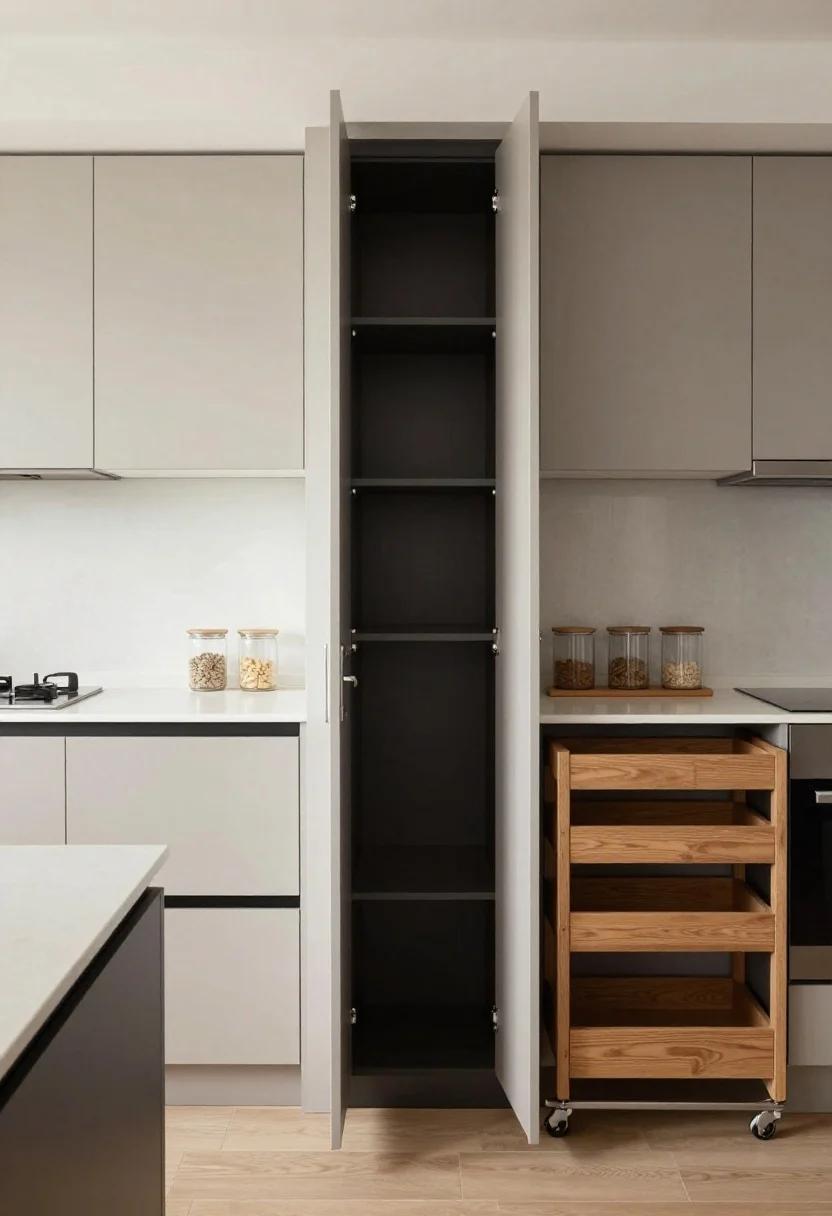 Wide, straight-on hero shot of the finished small kitchen: no pantry but a clear plan—edited, vertical storage on walls, layered cabinet interiors (hinted via one door ajar), clean countertops with only the daily five, modular decanted canisters visible on a shallow ledge, and a rolling cart tucked neatly beside the fridge. Neutral color palette with black accents, wood textures, and glass. Bright, inviting daylight, organized and efficient vibe without people.