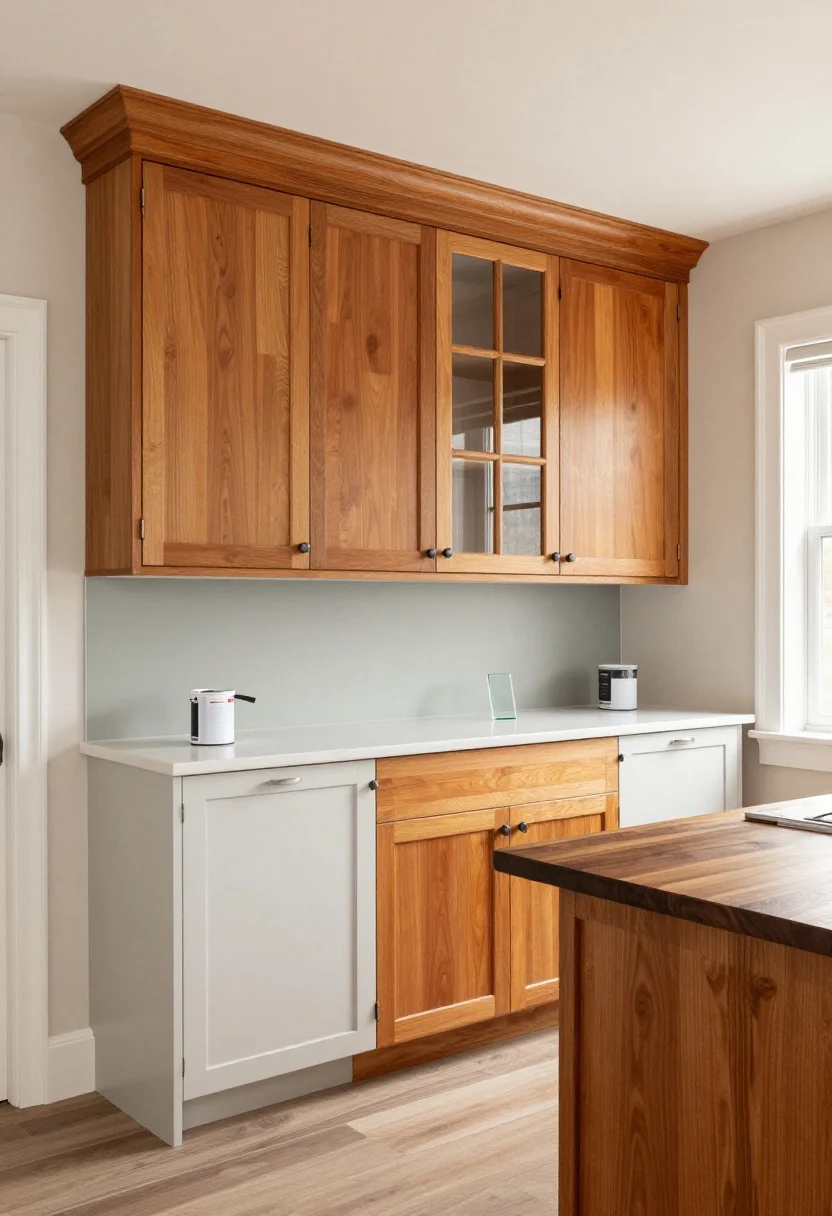 Wide, straight-on shot of a dated kitchen updated from heavy orange-toned maple: cabinets freshly painted in soft white lowers and greige uppers, a few upper doors removed for open shelving, one section with glass-front doors, streamlined simple crown trim, rich walnut island, neutral putty walls, matte finishes, soft daylight from a window; include cabinet paint kit and glass inserts on counter as subtle props; photorealistic, clean, modern yet warm.