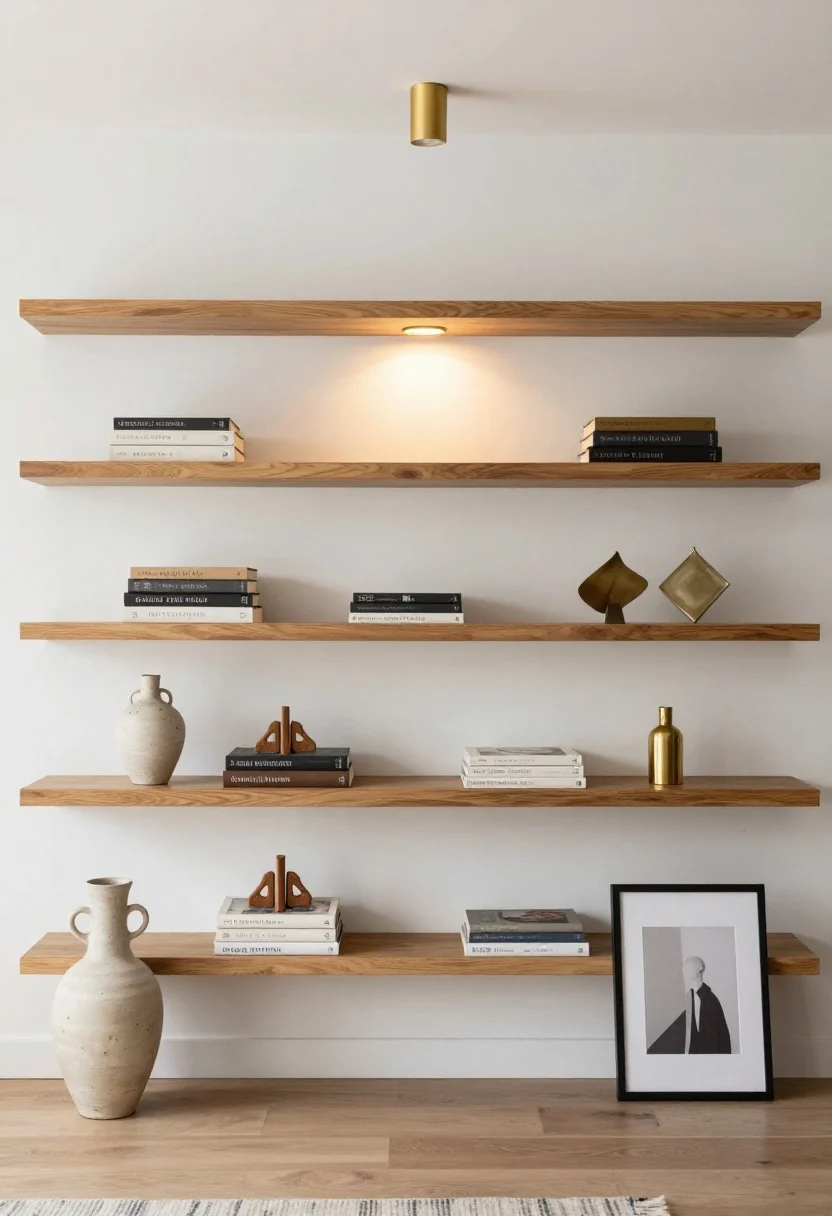 Wide, straight-on view styled to feel built-in: floating shelves color-matched to the soft white wall, a slim brass picture light centered above the top shelf, and decor arranged in a visual triangle (tall ceramic vase left, medium stacked books center with decorative bookends, small sculptural object right); repeated materials—warm oak tones and brushed brass—echo other room accents; a framed print leans casually to soften the corner angle; finishes crisp, minimal; warm, inviting evening glow from the picture light; photorealistic.