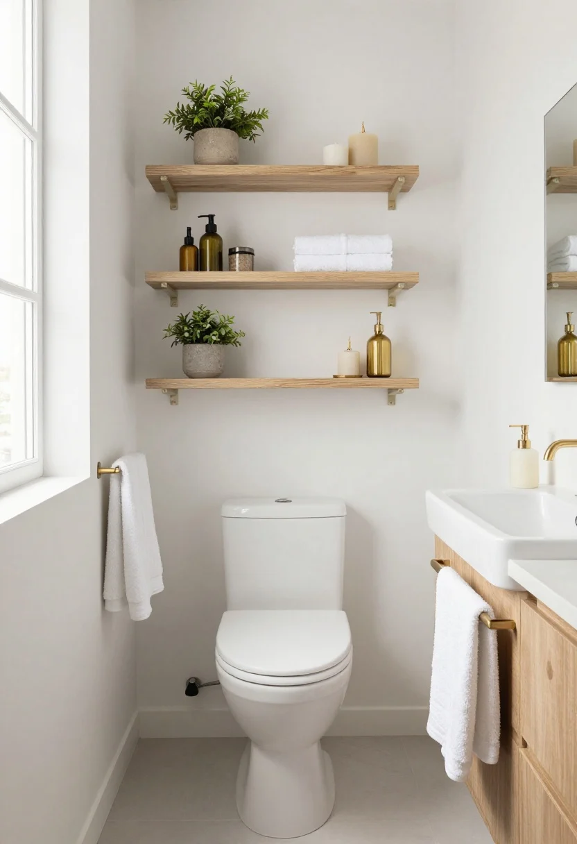 Wide, whole-bathroom shot showing the complete tiny-space strategy: slim floating shelves over the toilet with decorative top-third, ladder rack with towels, skirted pedestal sink hiding organizers, monochrome over-the-door rack, and restrained countertop micro-zones. Cohesive palette of white, light wood, and brushed brass; plant and candle for styled balance. Bright but soft natural light from a small window, clear floor space, boutique-hotel calm in a compact footprint.