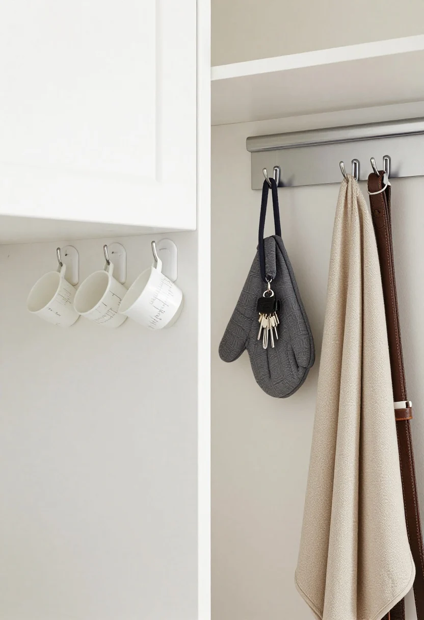 A close, straight-on detail of adhesive hooks in action: inside a white kitchen cabinet door holding measuring cups and an oven mitt; behind an entry door holding a canvas tote and key lanyard; a short row on a closet wall organizing belts and scarves vertically; surfaces clearly cleaned and dry, hooks firmly adhered; include a slim magnetic strip on a metal panel for small tools; crisp, bright lighting to emphasize practicality and no-drill installation
