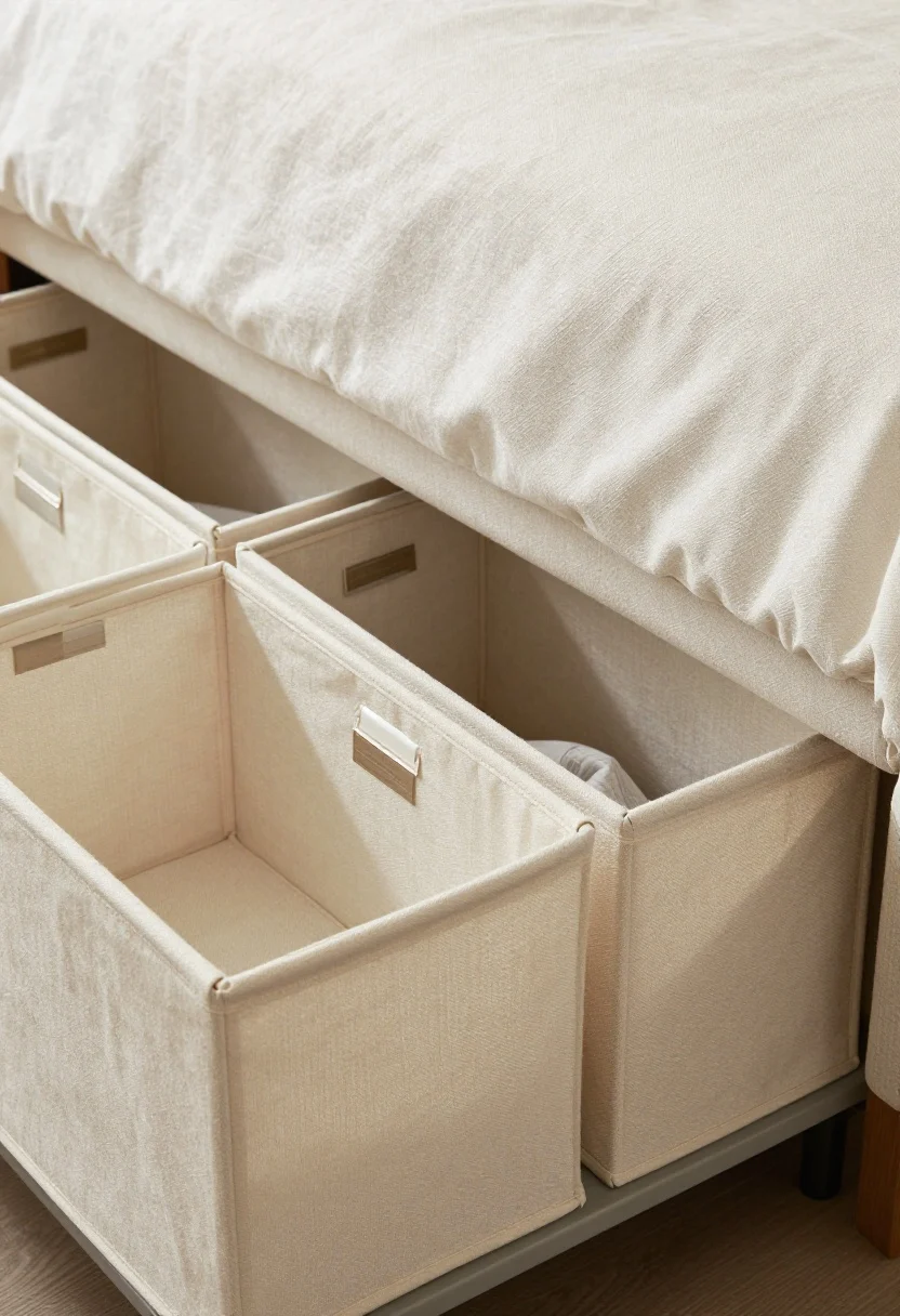 A detailed side-on closeup under a bed with 7-inch clearance, showing low-profile fabric storage bins with lids in cream linen neatly sliding beneath an upholstered bed frame; discreet interior-lid labels peeking out and small dividers inside a bin organizing off-season clothes; a tailored bed skirt concealing most bins for a calm look; soft natural morning light skimming the fabric texture; color palette in neutrals with subtle woven textures