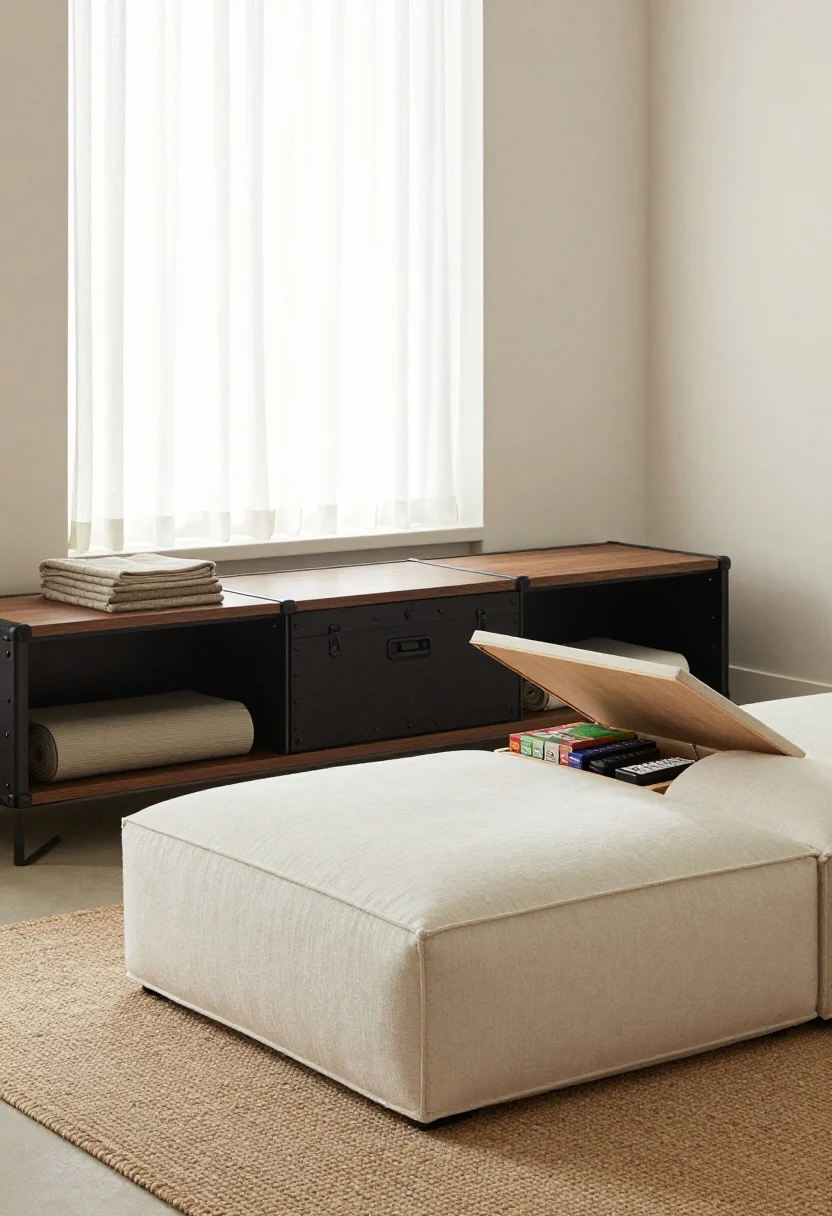 A medium living room shot featuring a low, wide storage ottoman in performance fabric (cream, subtly textured) used as a coffee table on a jute rug, with its lift-top partially open to reveal neatly stored board games and remotes; a vintage trunk repurposed as a media console along the wall; a storage bench under a window with folded blankets and a yoga mat tucked inside; neutral palette with black metal accents and oak tones, soft afternoon natural light through sheer curtains, styling minimal and intentional