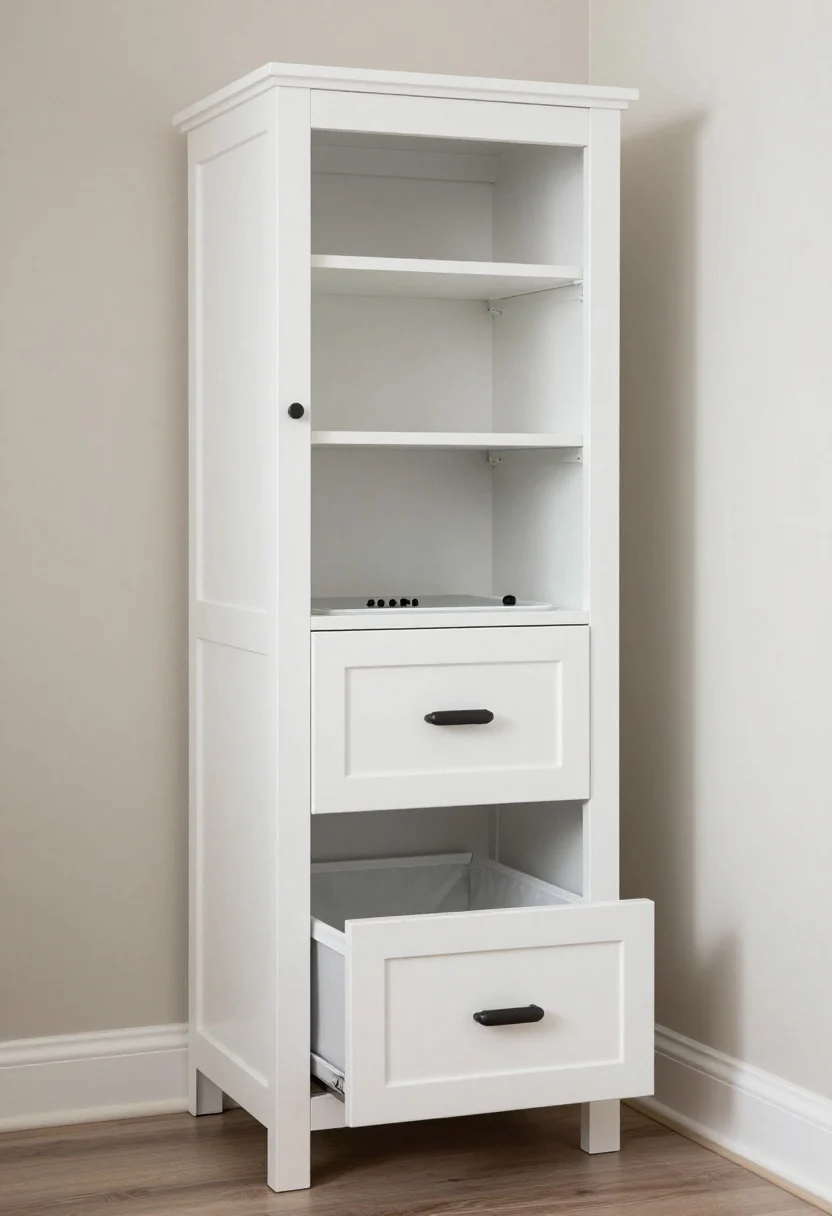 A medium shot of a slim, full-height utility tower (14 inches wide, at least 12 inches deep) tucked between the vanity and wall: finished in matte white with moisture-resistant coating, soft-close hardware, and pulls that match the vanity (matte black T-bars or brushed nickel finger pulls). Upper section has two adjustable shelves behind a closed door; the middle features a drawer with a heat-safe silicone mat visible for hot tools and tidy cord wraps; the bottom is a tilt-out hamper drawer with a removable fabric bag. The cabinet sits on simple furniture feet to lighten its look, staying under 16 inches deep to avoid intruding into the room. Subtle, even bathroom lighting emphasizes the tall, architectural feel.