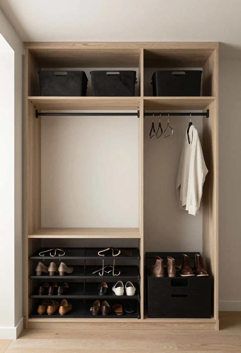 A medium, straight-on closet interior featuring a freestanding closet system with hanging shelves on one side, a clip-on lower rod doubling hanging space, stacked adjustable shoe racks on the floor, and matching slim velvet hangers creating a uniform look; bins on upper shelves with clothes filed vertically for visibility; neutral tones, matte black accents, and soft even lighting for a tidy, high-function, no-drill upgrade feel