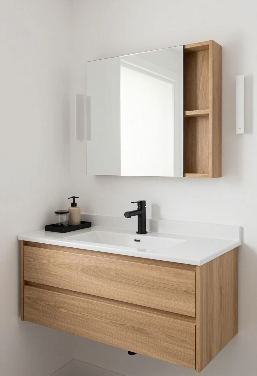 A medium, straight-on shot of a clean, minimalist bathroom vanity wall: warm white walls, a 24-inch light oak floating ledge (3–4 inches deep) running continuously above a slim backsplash, a framed recessed medicine cabinet 22 inches wide with a fog-resistant mirror and soft-close door, matte black faucet and hardware, two slim vertical plug-in sconces flanking the cabinet at 3000–3500K with 70+ CRI, low-profile lighting creating soft, even illumination. On the ledge, only a slim black tray with two low lidded glass jars and a single soap dispenser. Optional peel-and-stick wallpaper as a subtle graphic stripe band behind the ledge. Semi-gloss finish on the MDF ledge catching gentle highlights. No clutter on the sink.