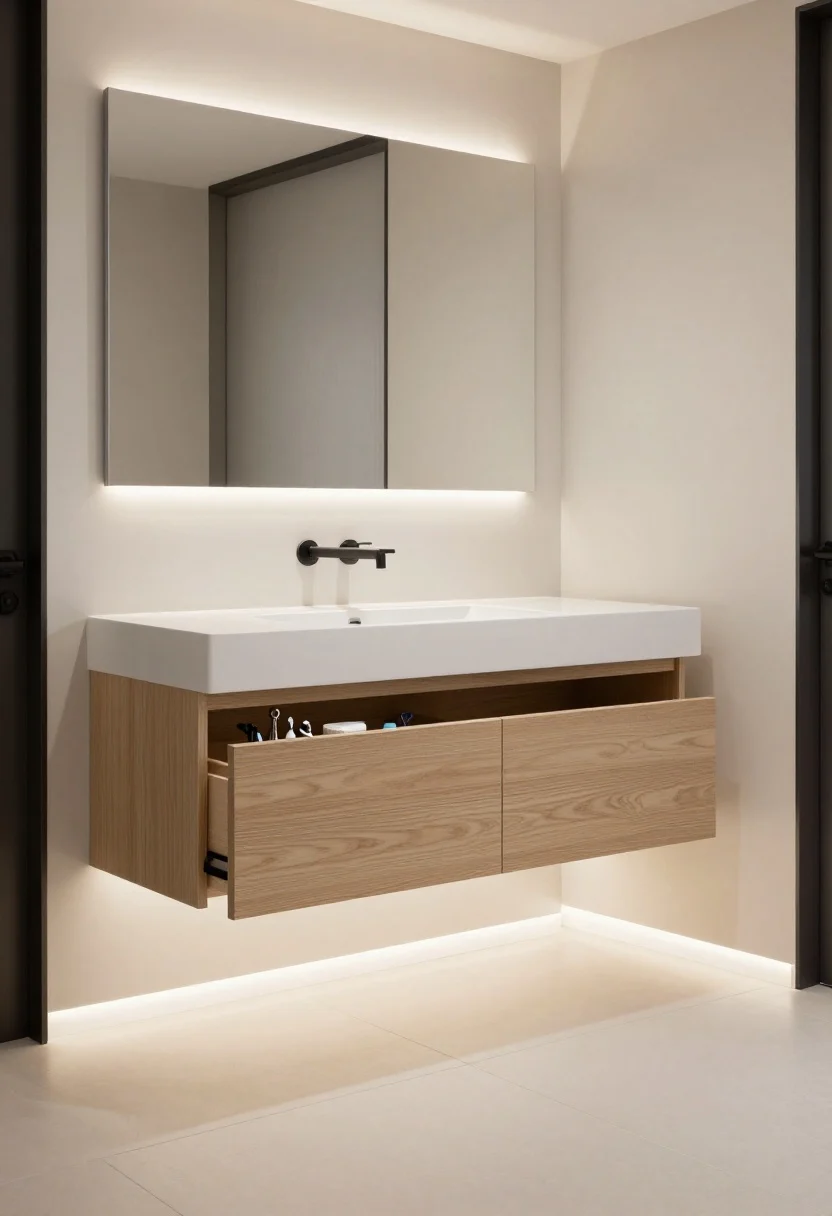 A medium, straight-on shot of a wall-hung vanity with under-glow: a 30-inch floating vanity with slab-front drawers in light oak or matte white, rectangular undermount/integrated basin, matte black T-bar pulls, and continuous floor tile running beneath. A soft 2700–3000K LED strip with diffuser mounted under the vanity lip washes light across the floor perimeter, expanding the space. Inside a slightly open top drawer, visible dividers organize floss, razors, and face cloths; back corner space hints at tall spray storage. Clean lines, modern apartment feel, with subtle reflections on baseboard showing increased floor visibility.