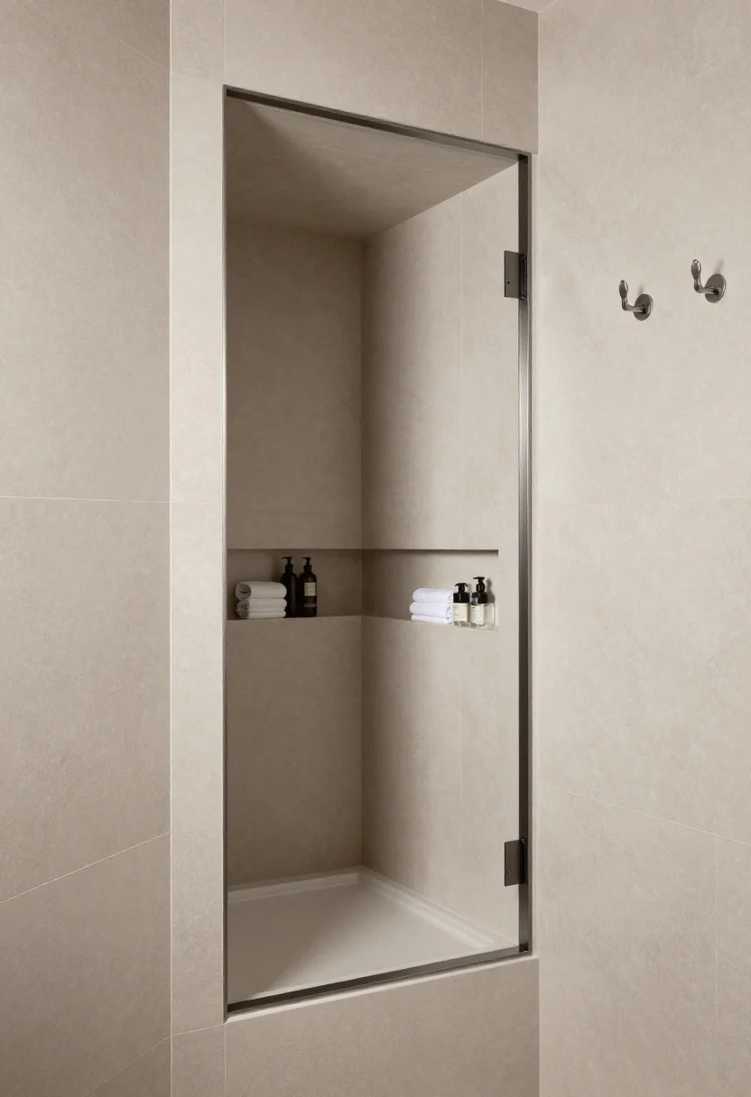 A tight, detail shot inside a shower showing a 12x24 horizontal recessed niche at chest height with a slight drainage slope, finished with metal edge trim in brushed nickel or matte black to match hardware. The niche interior uses the same large-format tile as the shower walls (or a slightly darker tone for depth), avoiding busy mosaics. Nearby, a glimpse of two robe hooks mounted outside the shower at about 66–68 inches. In the background, a slim 6–8 inch-deep floating shelf outside the shower at eye level holds spare towels and a couple of neatly arranged bottles. Clean, waterproofed look with soft, diffused bathroom lighting.